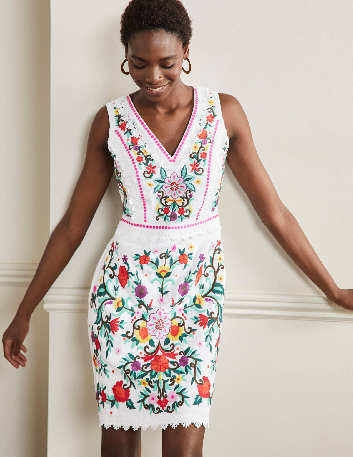 Connie Embroidered Linen Dress-White-1