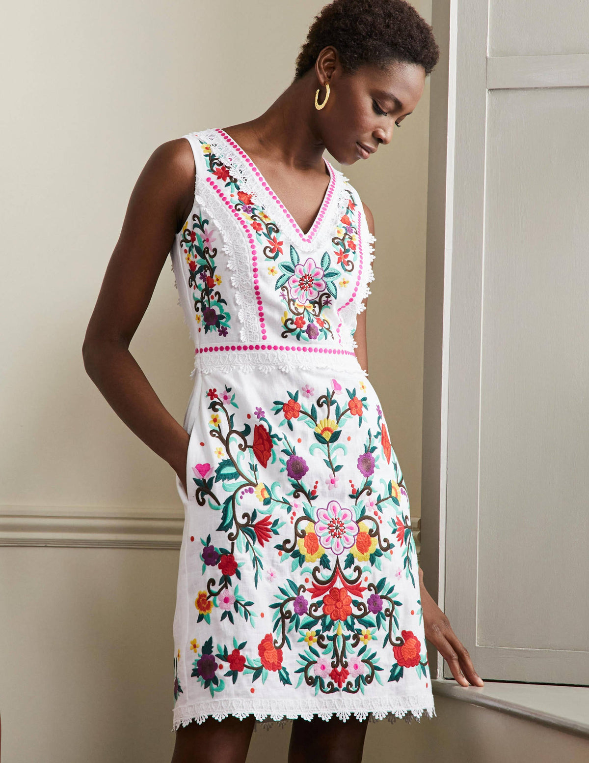 Connie Embroidered Linen Dress-White-4