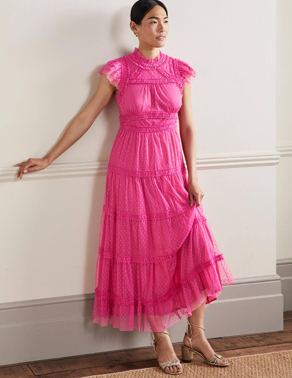Edie Tiered Tulle Midi Dress-Party Pink-4