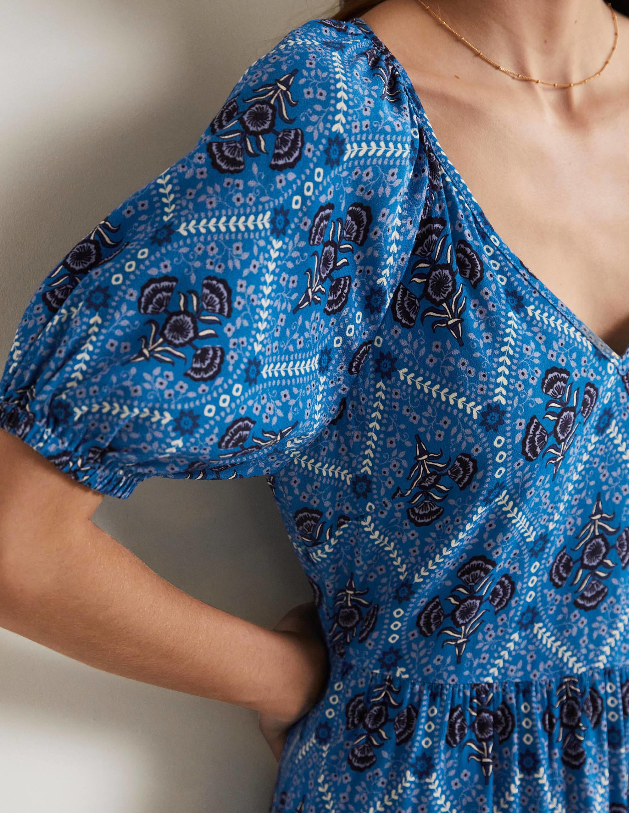 V-Neck Midi Dress-Mosaic Blue, Poppy Bloom - Image 2