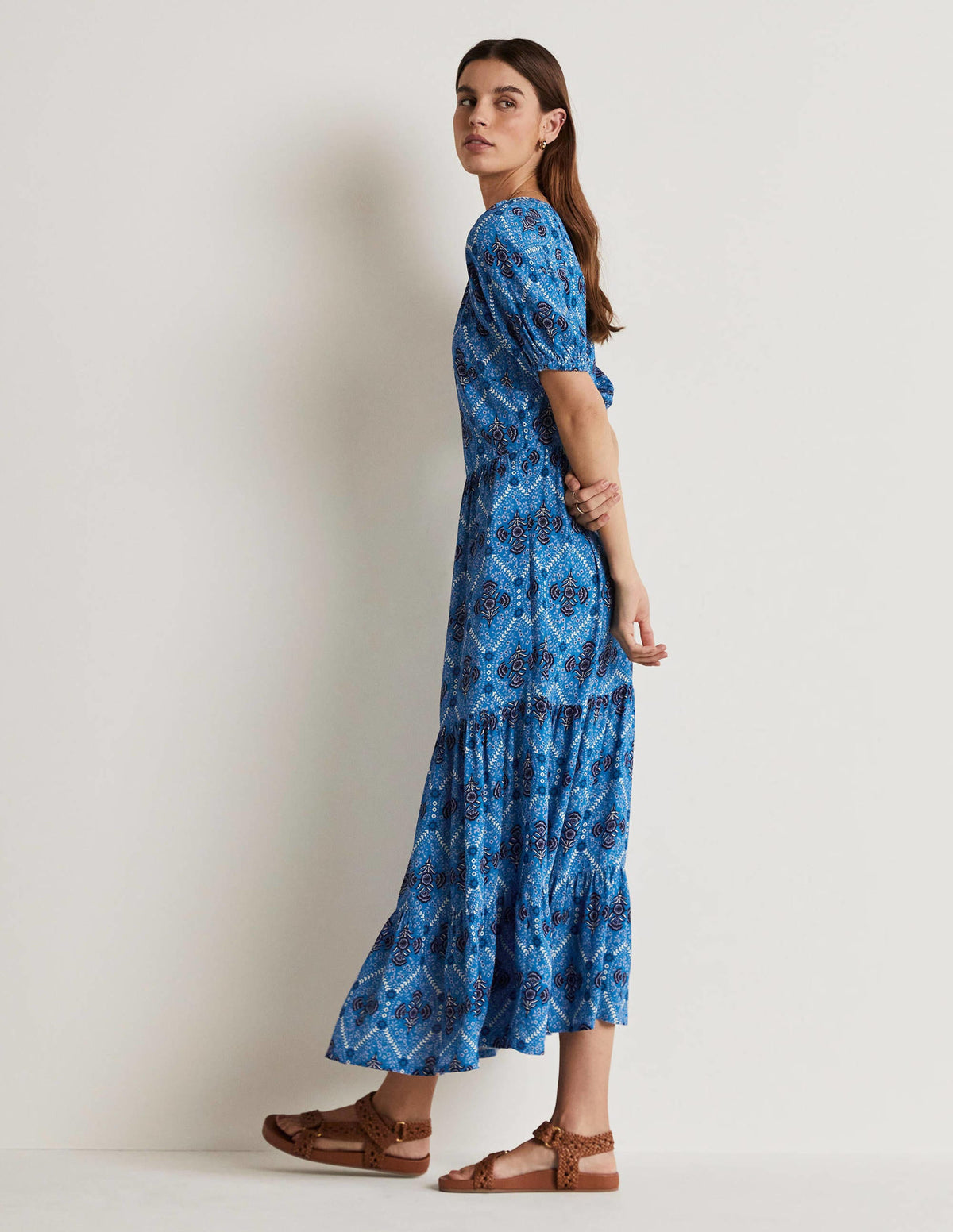 V-Neck Midi Dress-Mosaic Blue, Poppy Bloom - Image 5