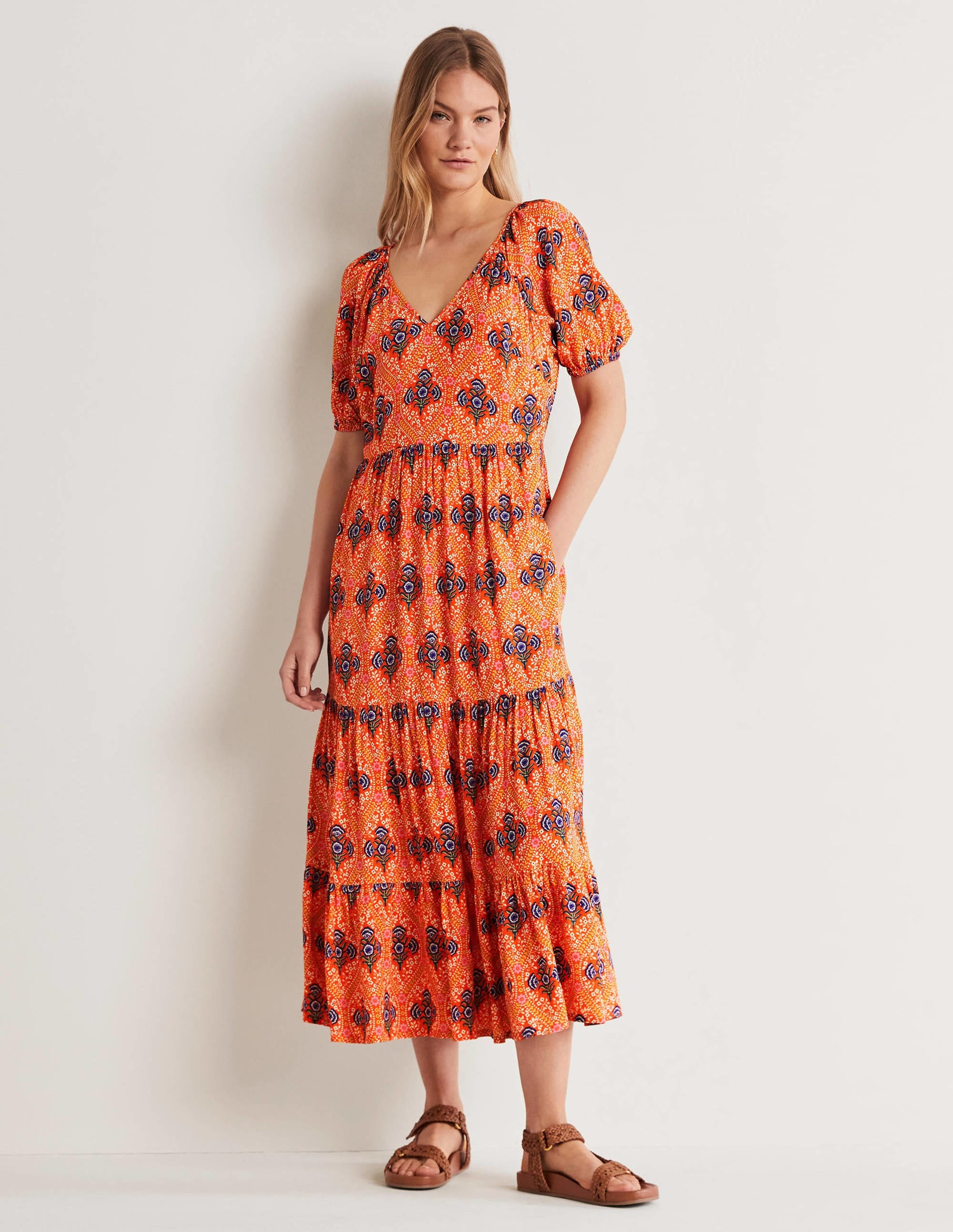 V-Neck Midi Dress-Firecracker, Poppy Bloom - Image 1