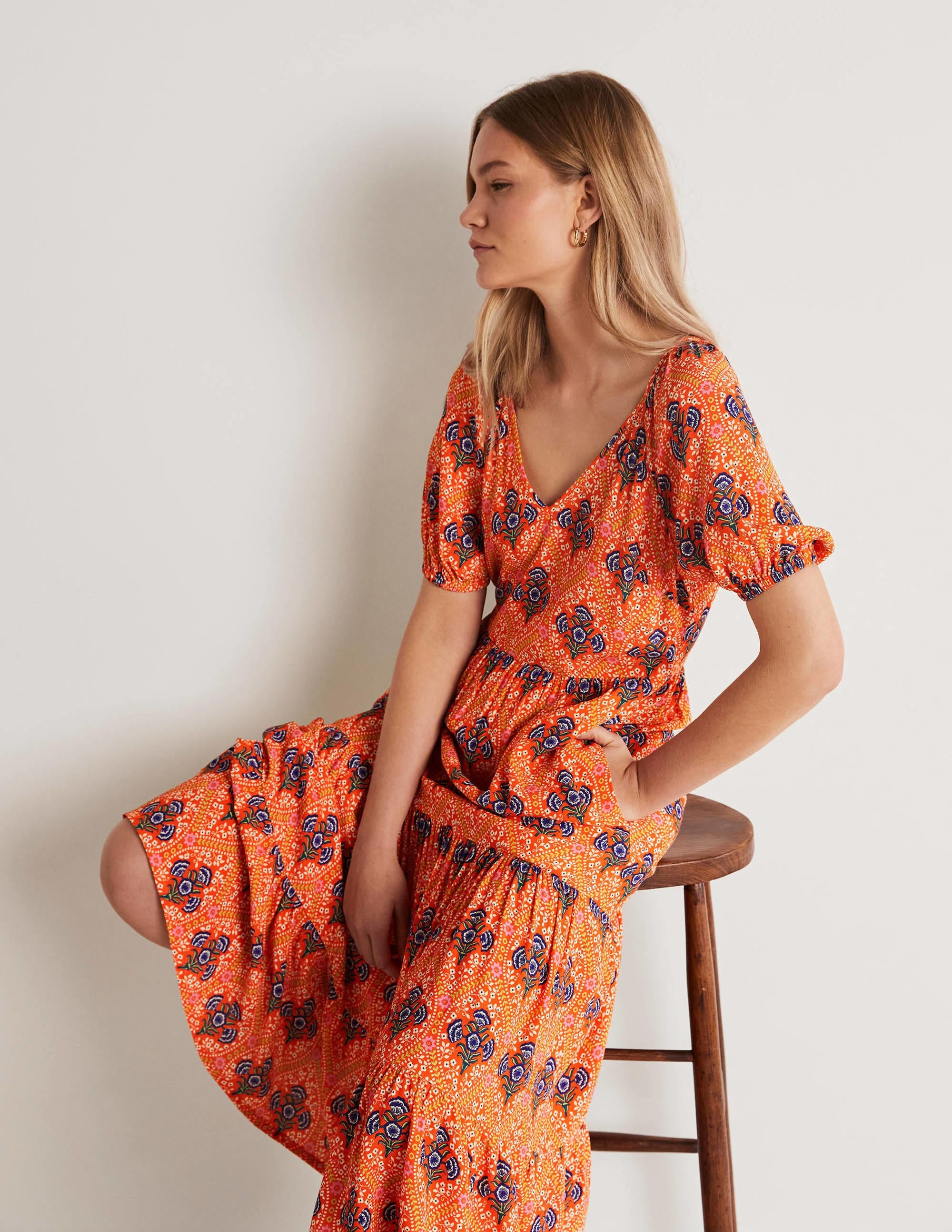 V-Neck Midi Dress-Firecracker, Poppy Bloom - Image 4