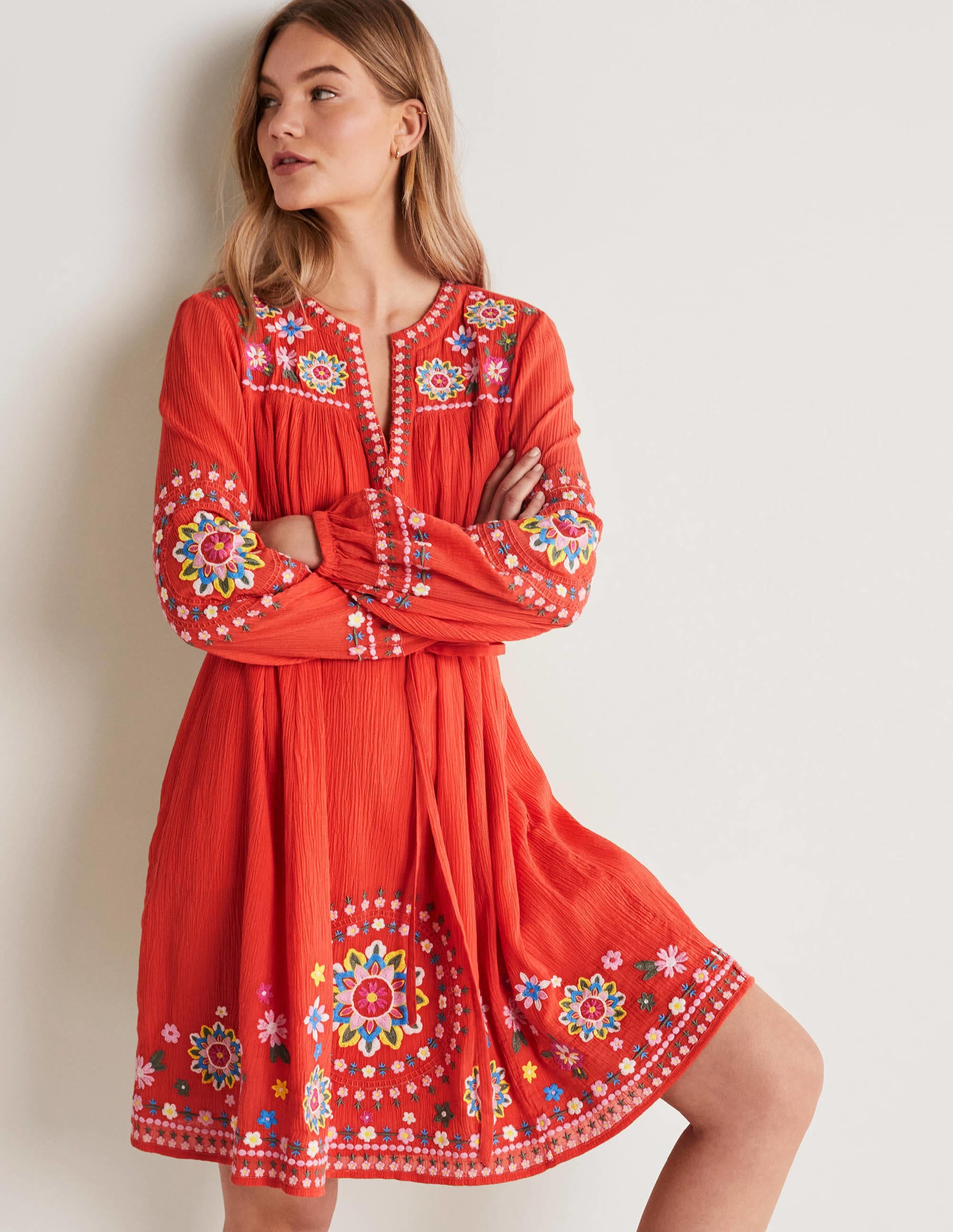 Embroidered Cotton Dress-Bright Papaya - Image 1