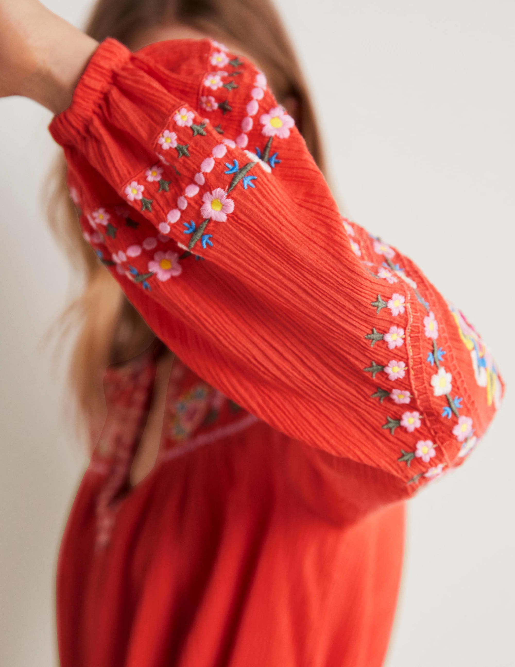 Embroidered Cotton Dress-Bright Papaya - Image 2