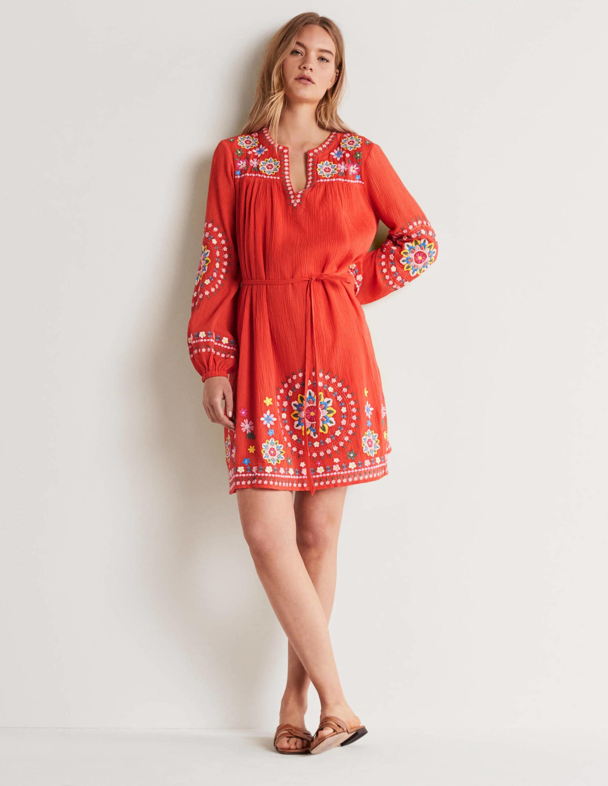Embroidered Cotton Dress-Bright Papaya-5