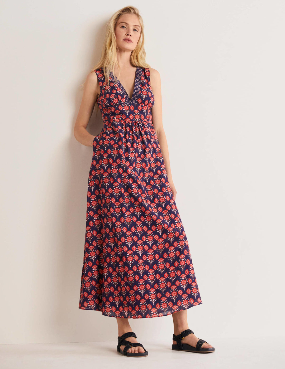 Sleeveless Cotton Maxi Dress-Azalea, Poppy Geo - Image 1