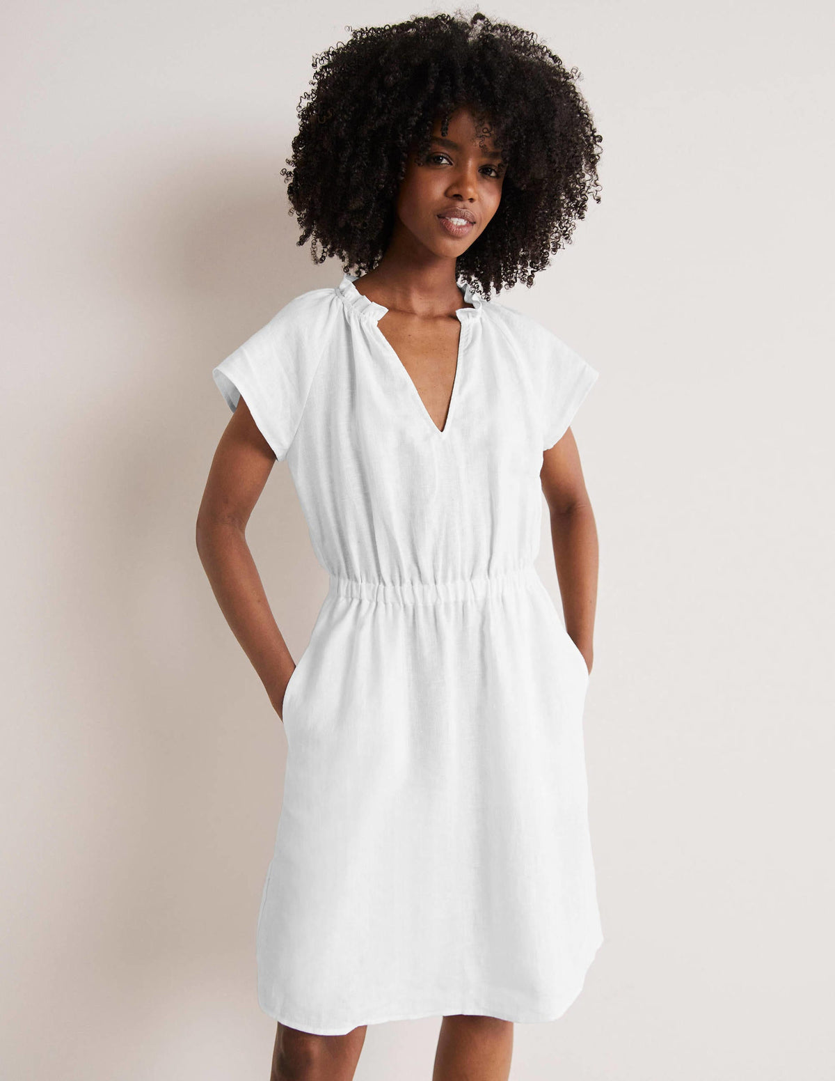 Short Sleeve Linen Dress-White-5