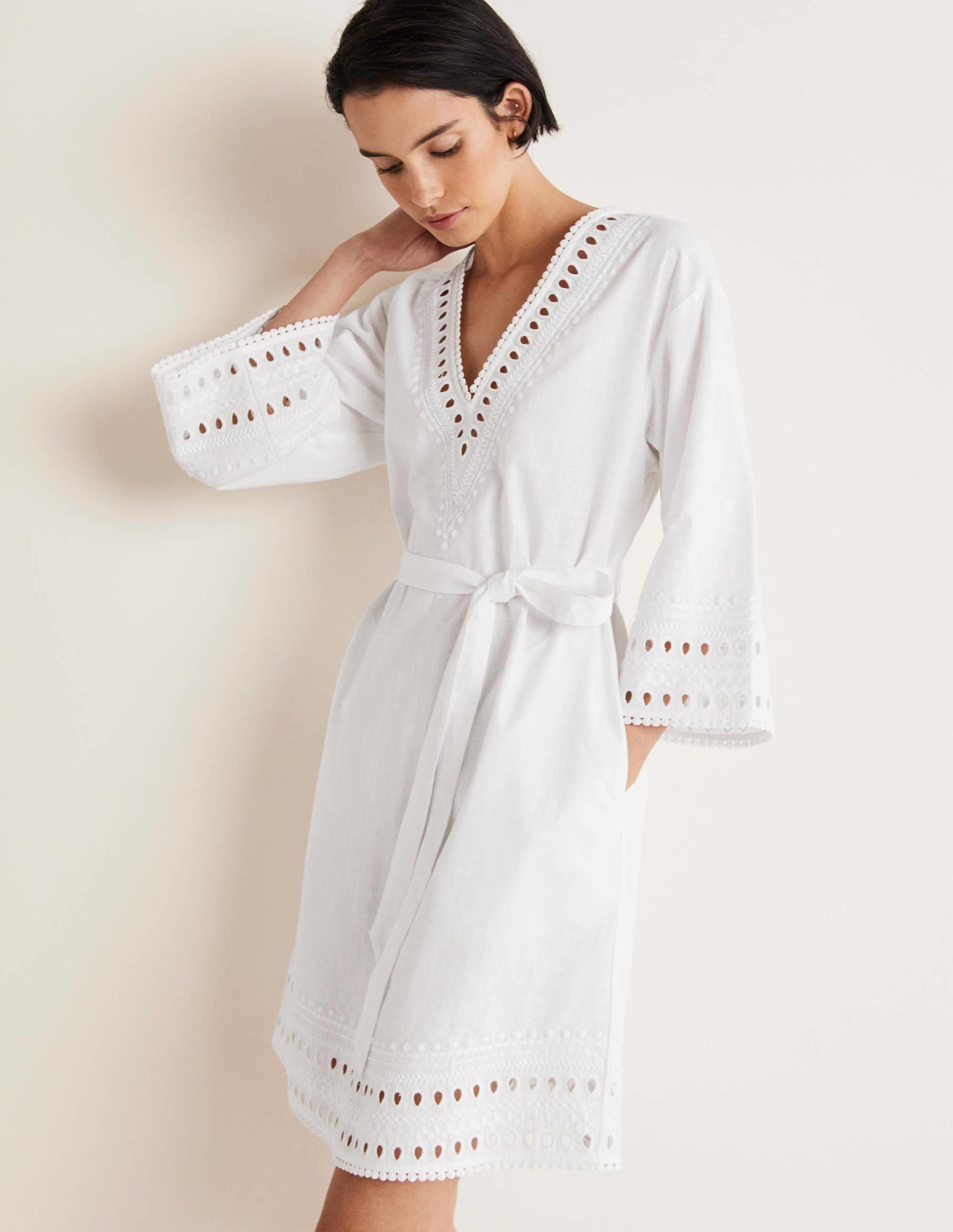 Embroidered Kaftan Dress-White-1