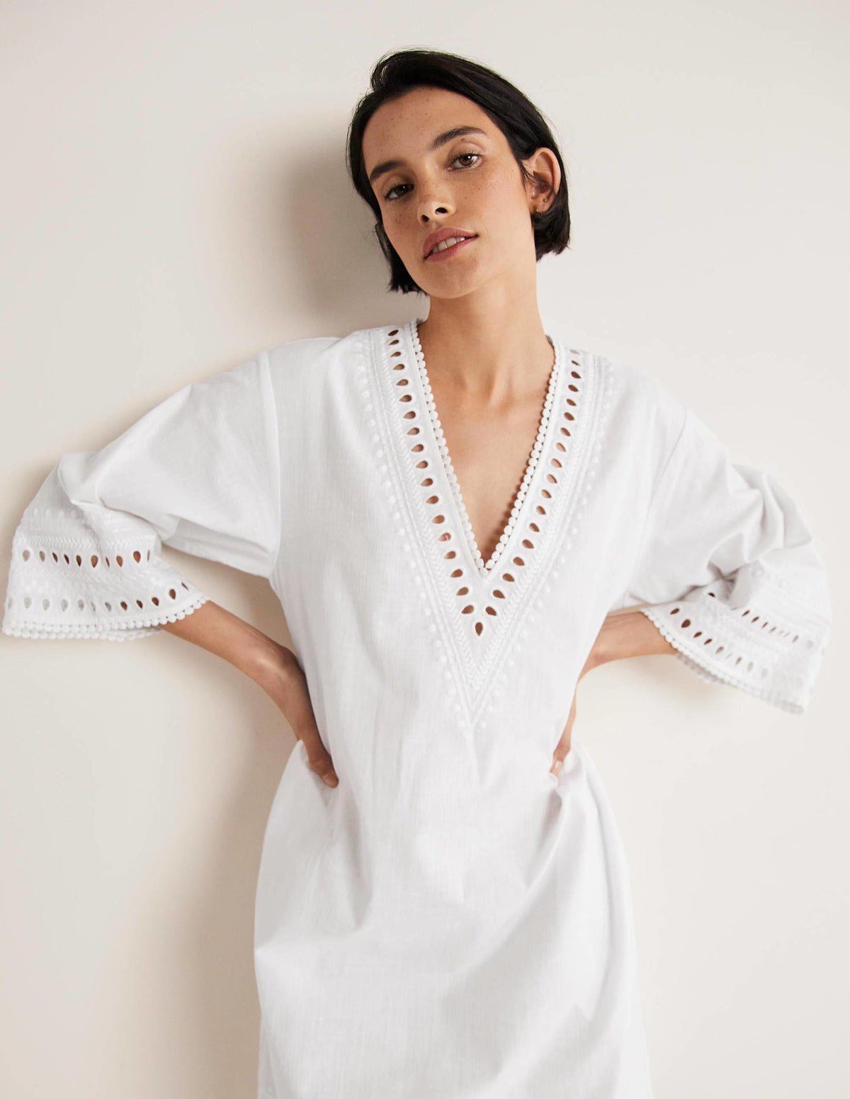 Embroidered Kaftan Dress-White-5