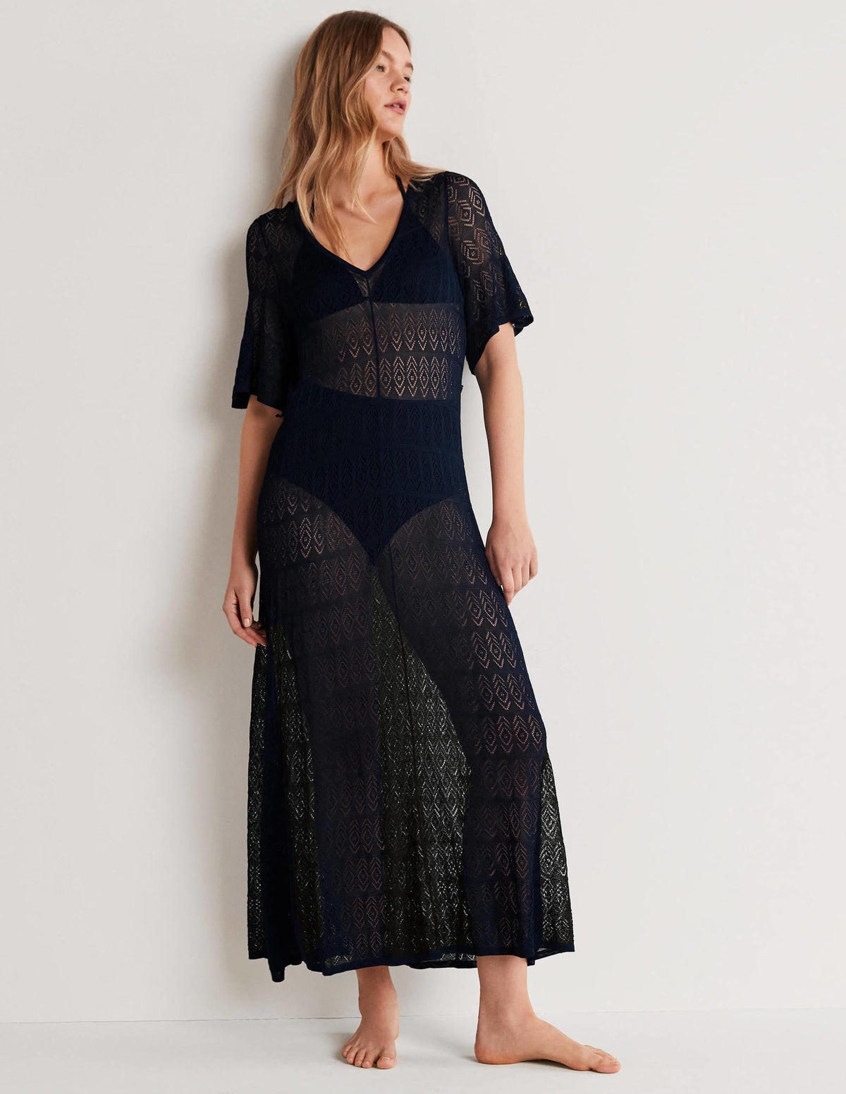 Pointelle Knitted Midi Dress-Navy-1