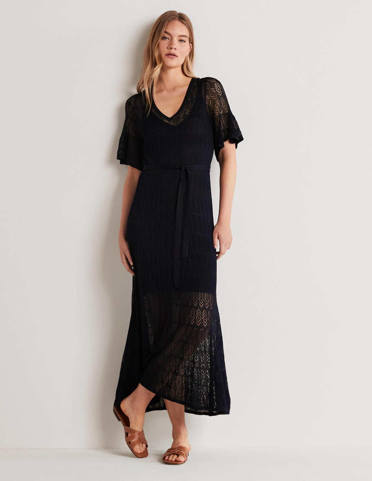 Pointelle Knitted Midi Dress-Navy-3