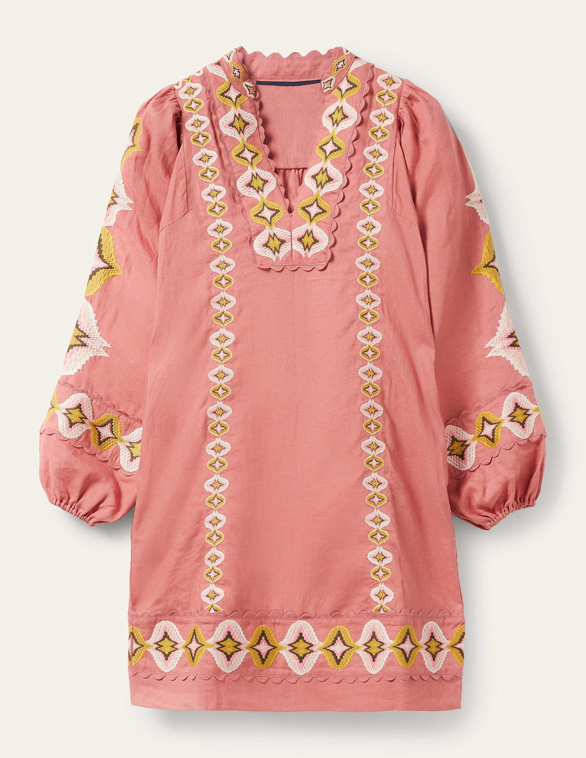 Embroidered Linen Mini Dress-Dusty Red - Image 7