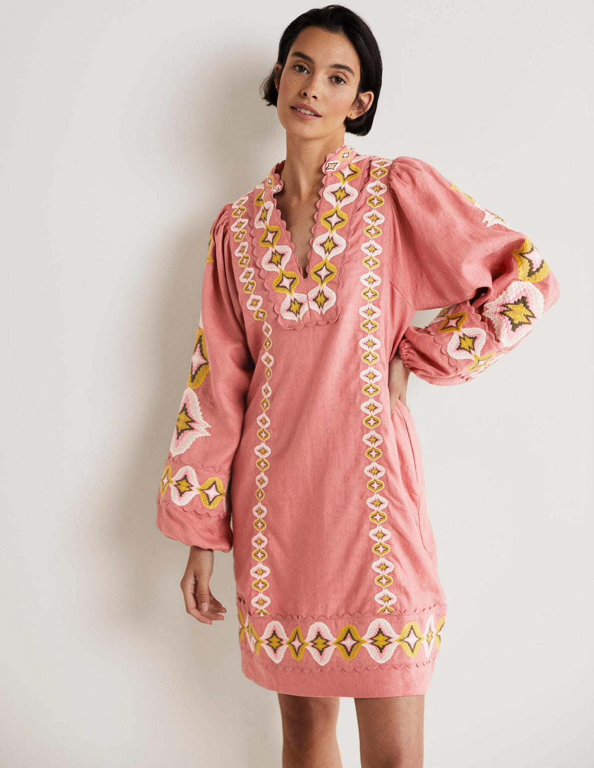 Embroidered Linen Mini Dress-Dusty Red - Image 1