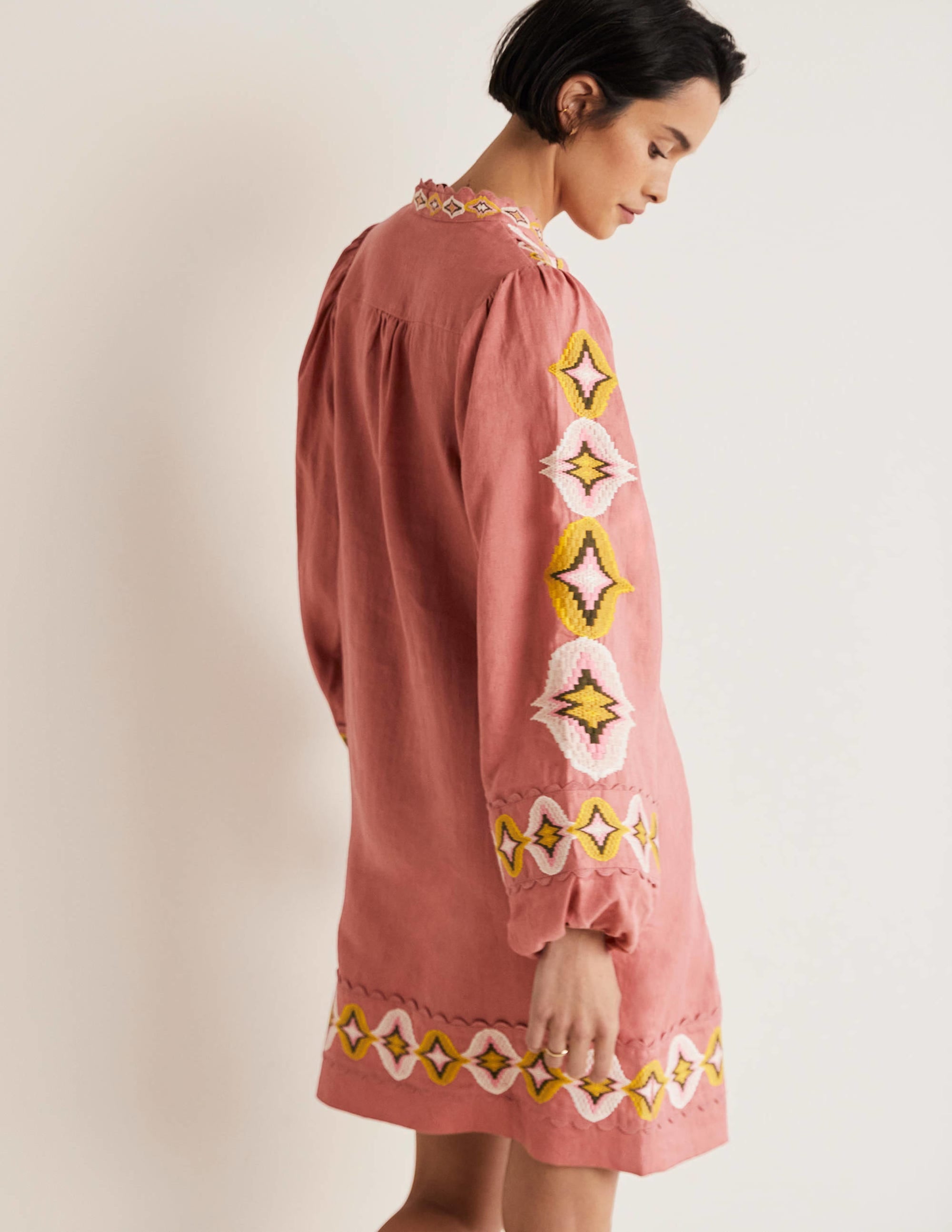 Embroidered Linen Mini Dress-Dusty Red - Image 3