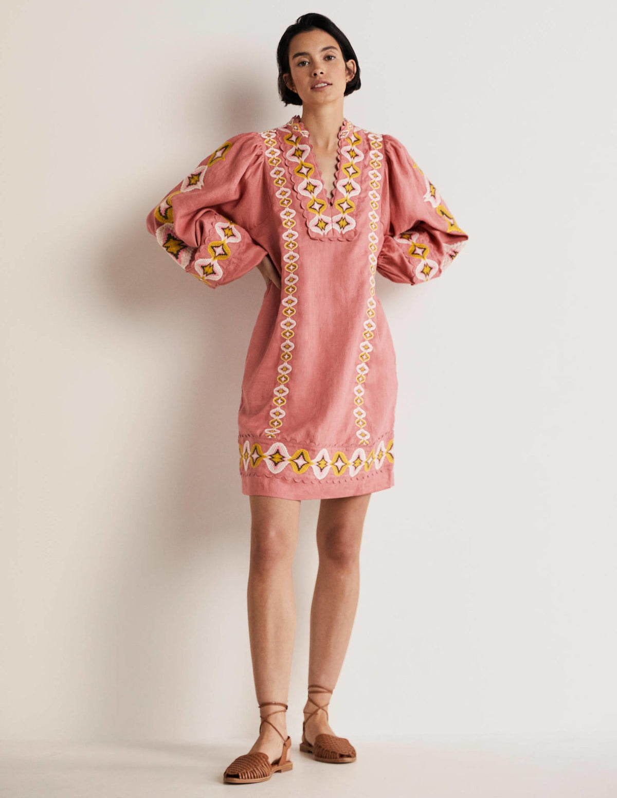 Embroidered Linen Mini Dress-Dusty Red - Image 6