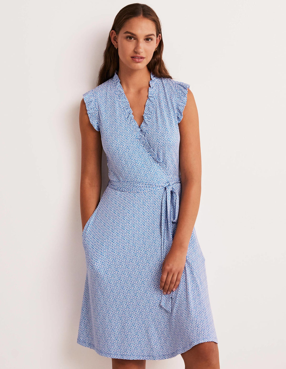 Ruffle Fixed Wrap Jersey Dress-Bluebell, Geo Blooms - Image 5