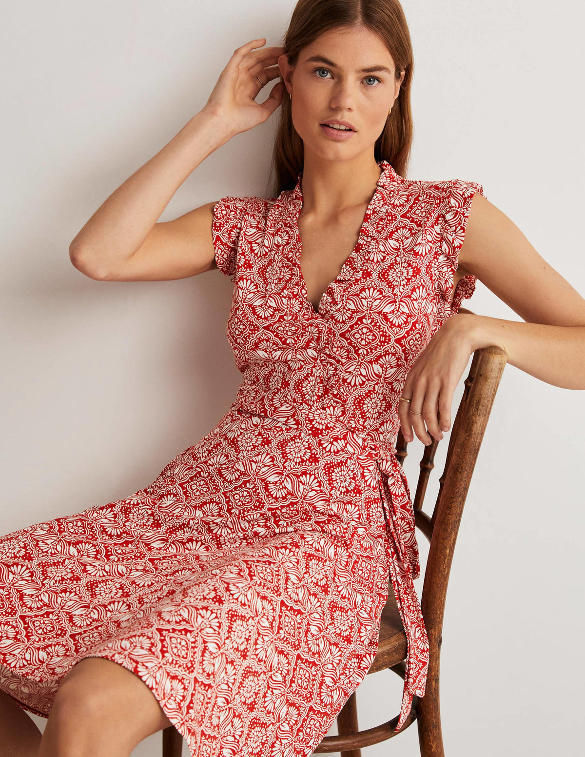 Ruffle Fixed Wrap Jersey Dress-Aurora Red, Oriental Diamond-8