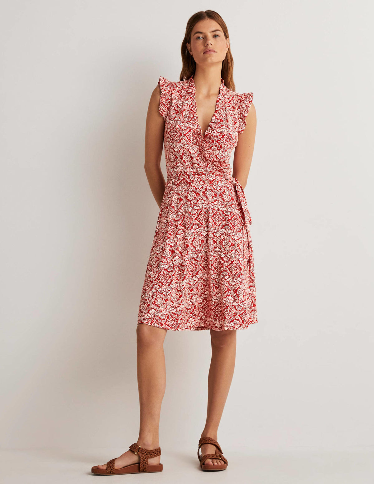 Ruffle Fixed Wrap Jersey Dress-Aurora Red, Oriental Diamond - Image 9