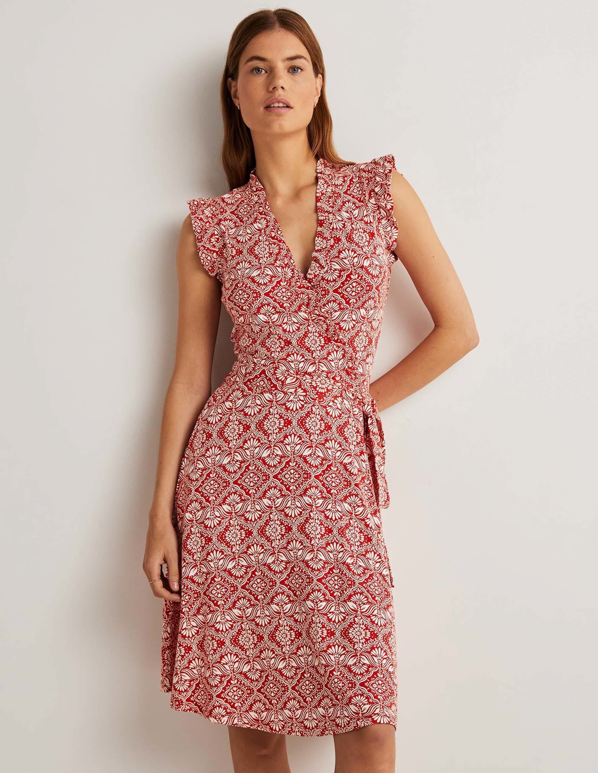 Ruffle Fixed Wrap Jersey Dress-Aurora Red, Oriental Diamond - Image 1