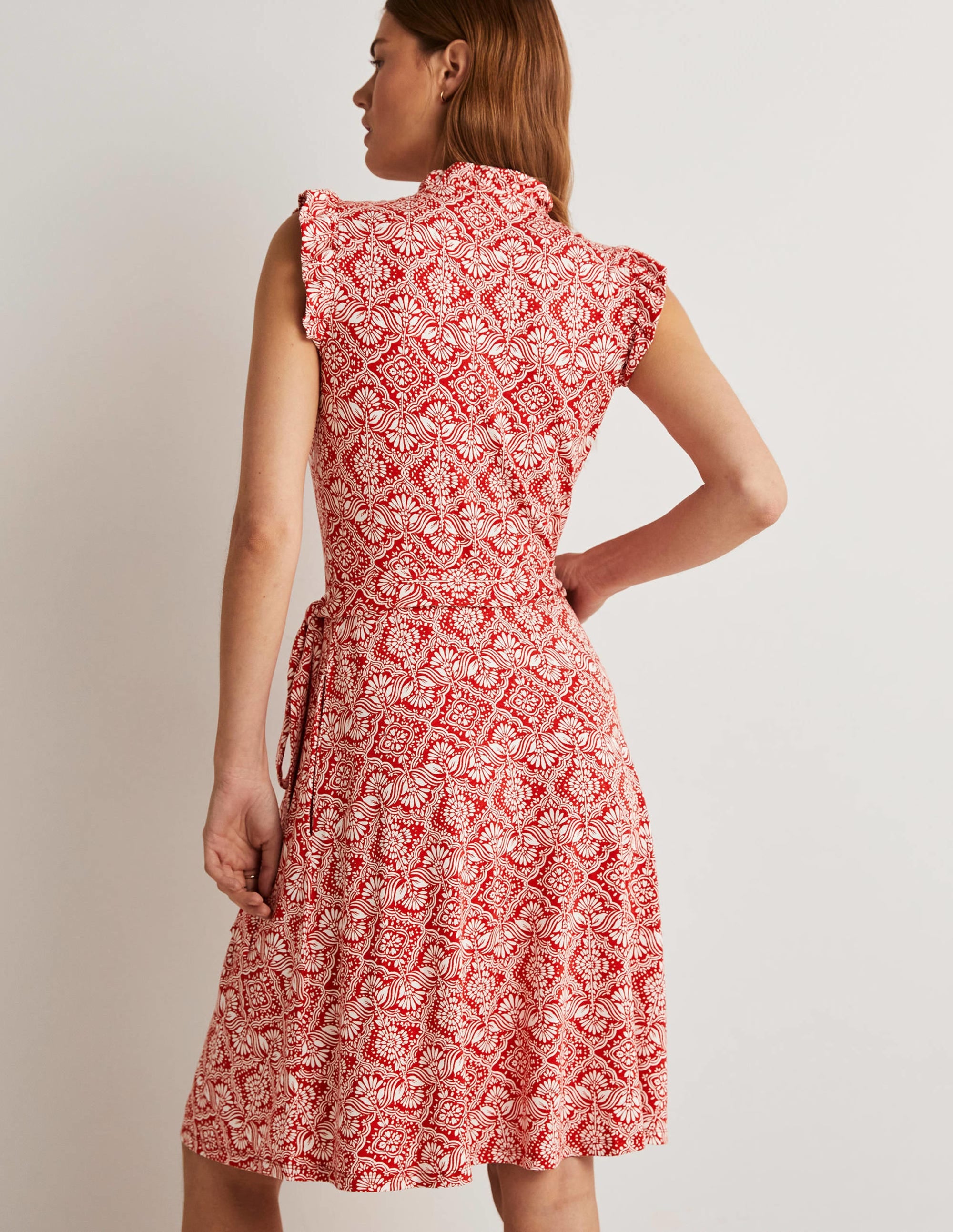 Ruffle Fixed Wrap Jersey Dress-Aurora Red, Oriental Diamond - Image 3
