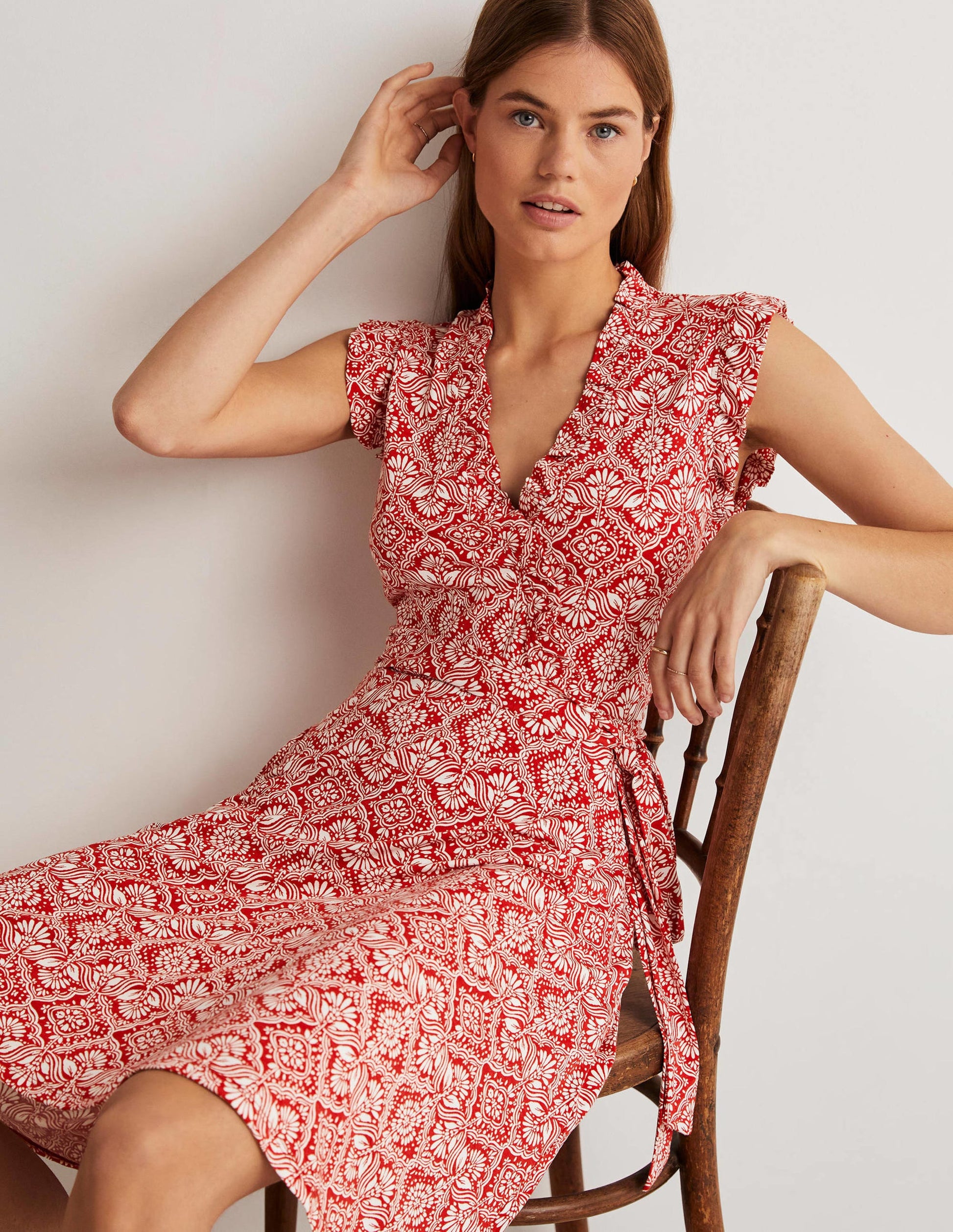 Ruffle Fixed Wrap Jersey Dress-Aurora Red, Oriental Diamond-4
