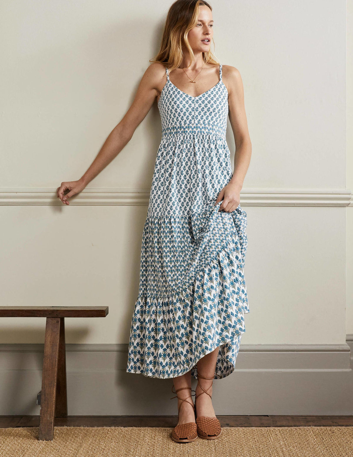 Strappy Jersey Maxi Dress-Chesapeake, Woodblock Bloom-1