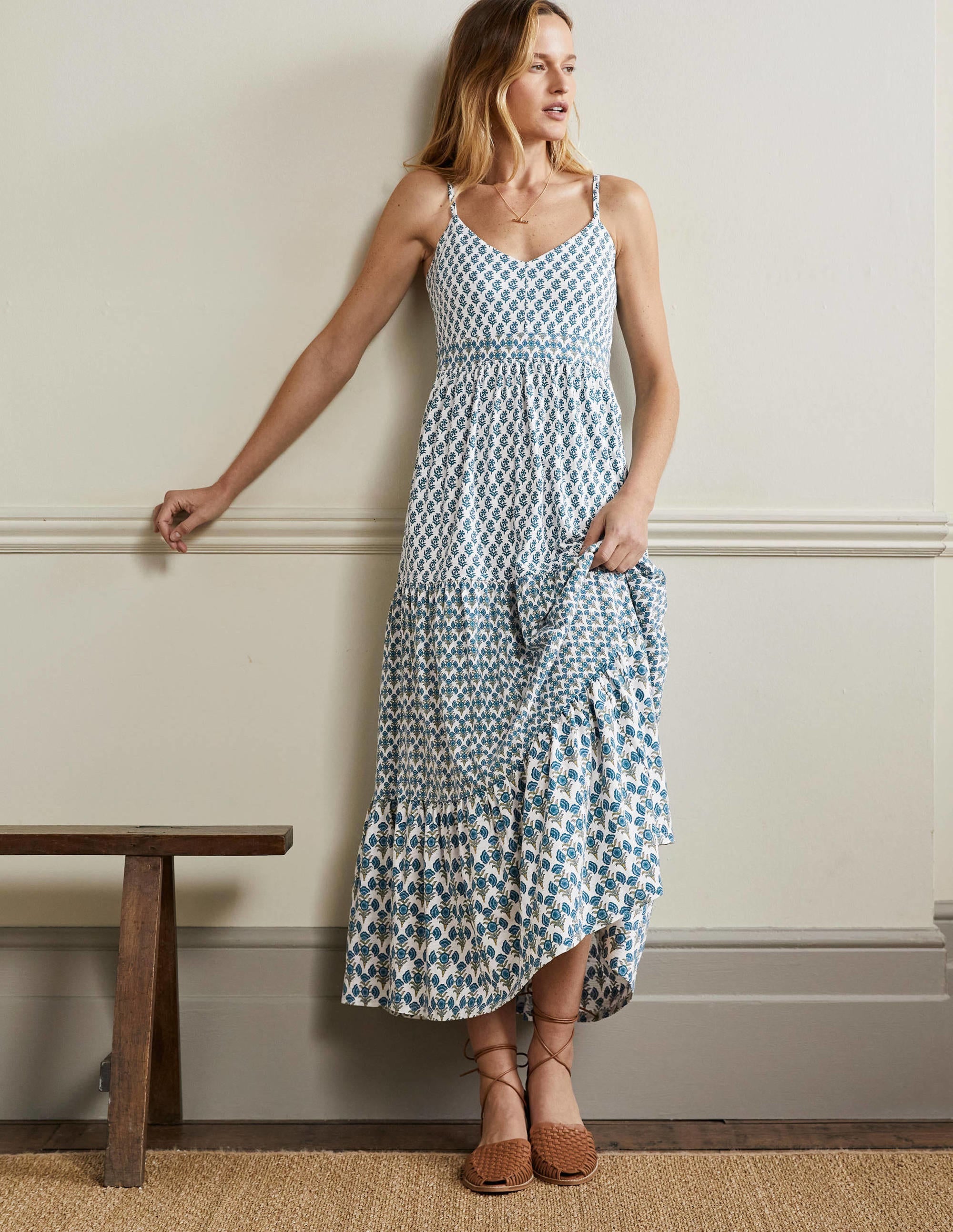 Strappy Jersey Maxi Dress-Chesapeake, Woodblock Bloom - Image 1