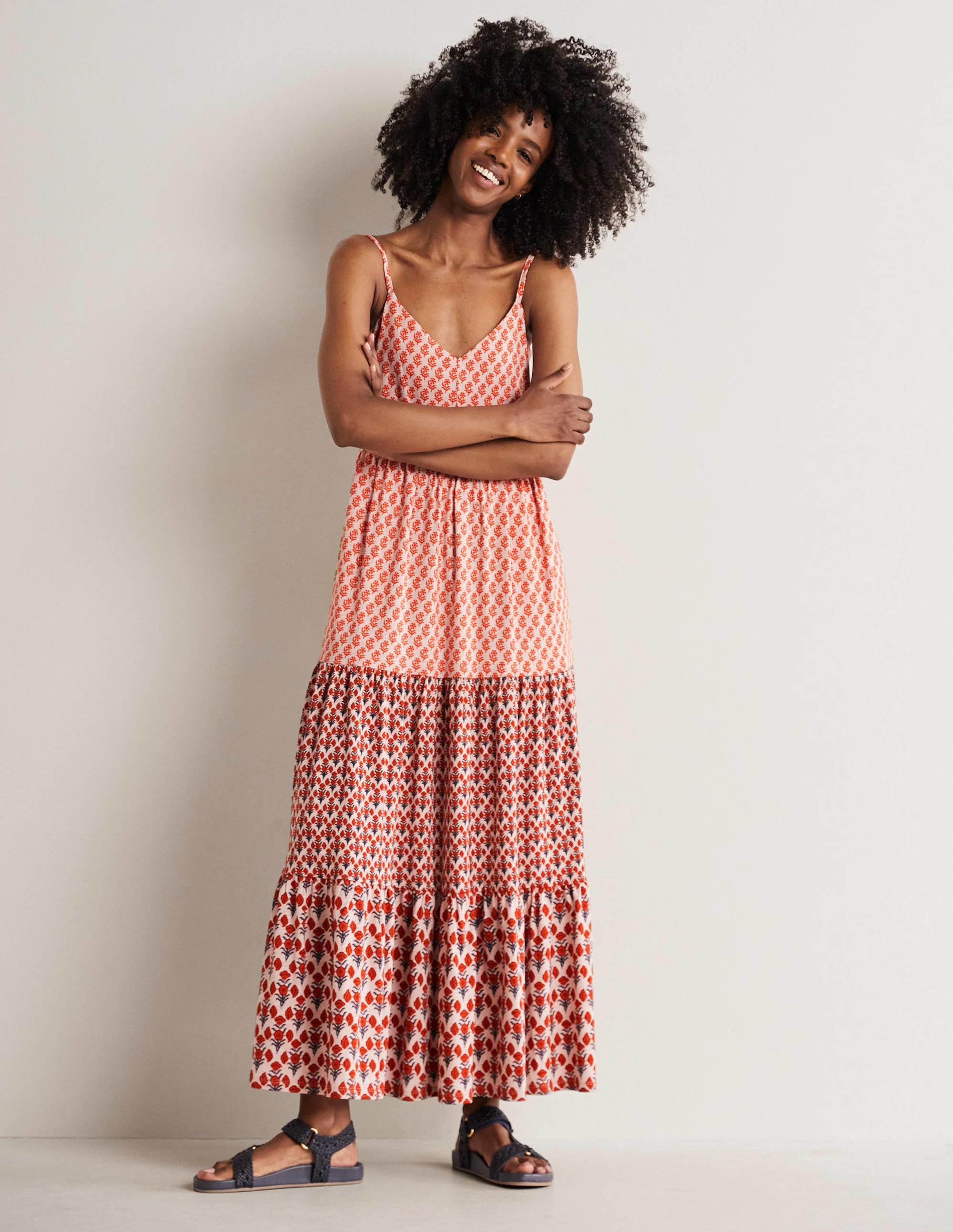 Strappy Jersey Maxi Dress-Milkshake, Woodblock Bloom - Image 1