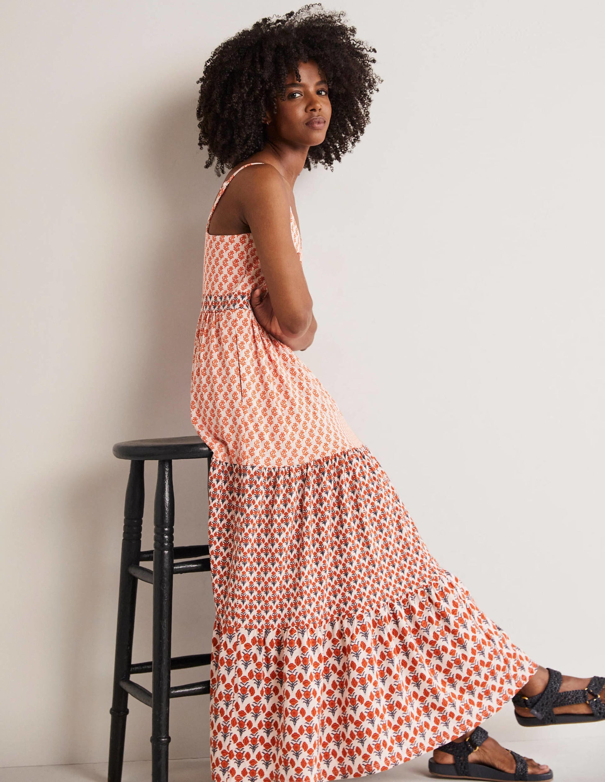 Strappy Jersey Maxi Dress-Milkshake, Woodblock Bloom-4
