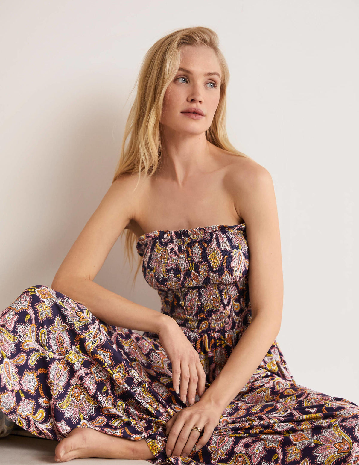 Strapless Jersey Maxi Dress-French Navy, Paisley Bud - Image 4