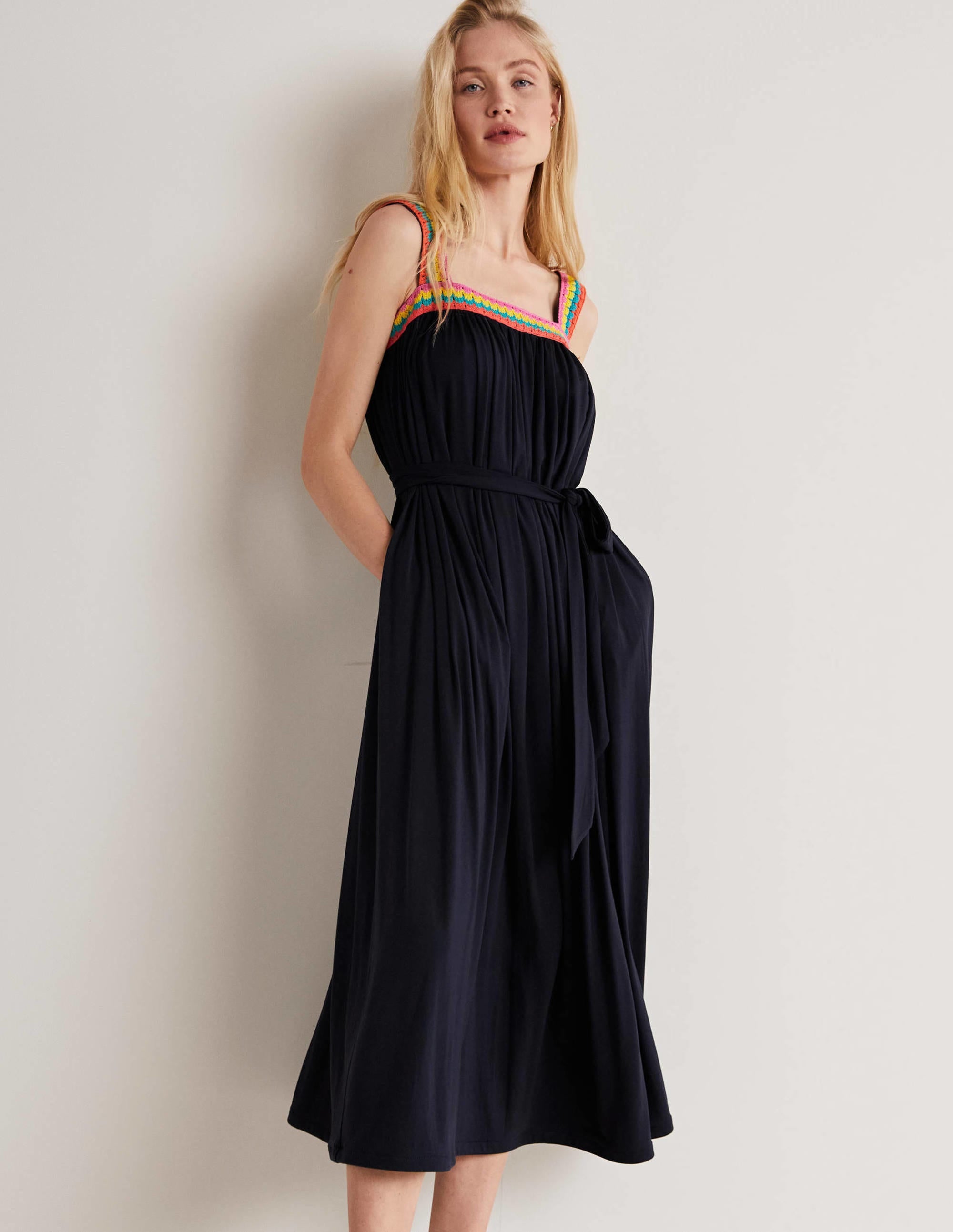 Crochet Trim Jersey Maxi Dress-Navy - Image 1
