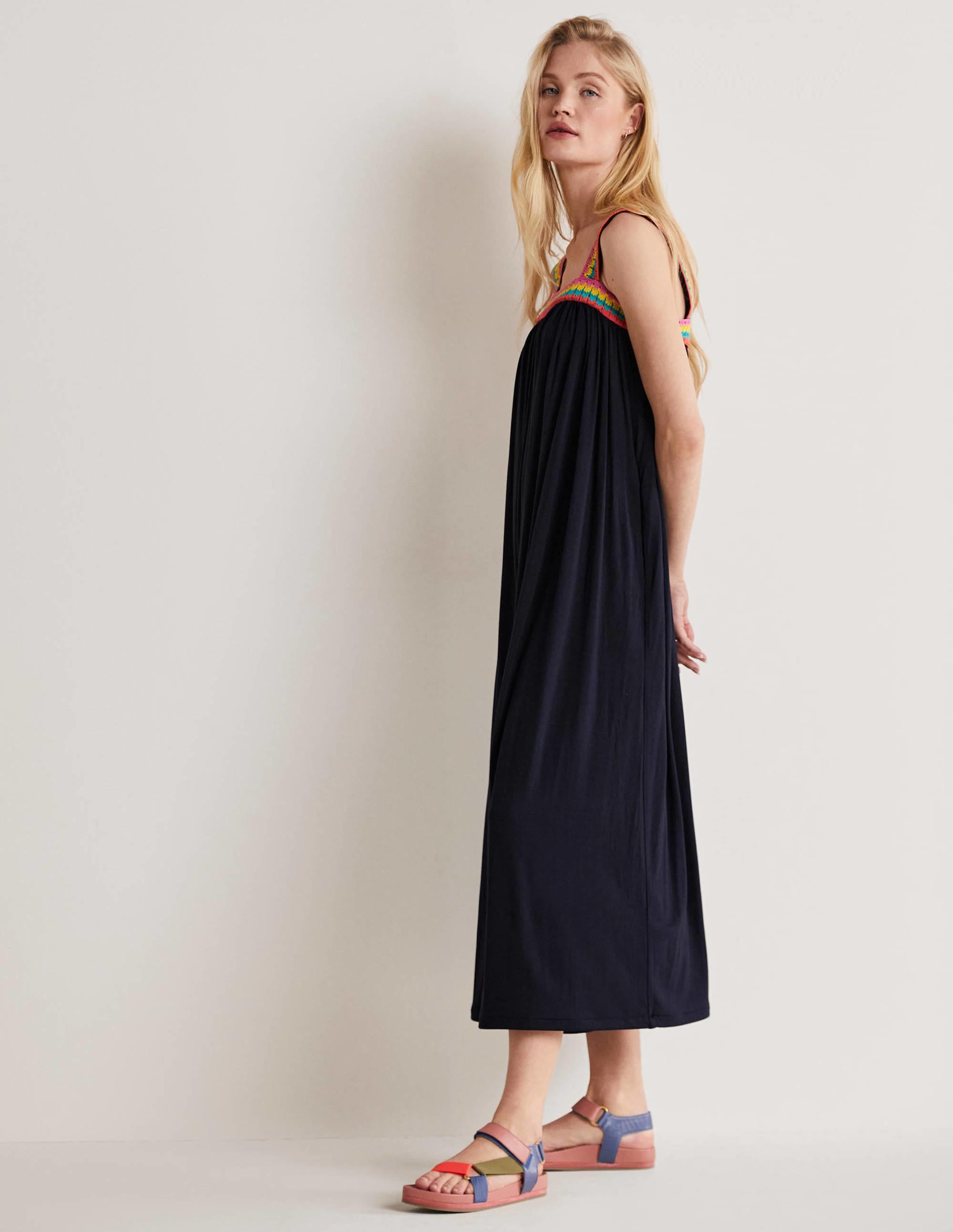 Crochet Trim Jersey Maxi Dress-Navy - Image 3