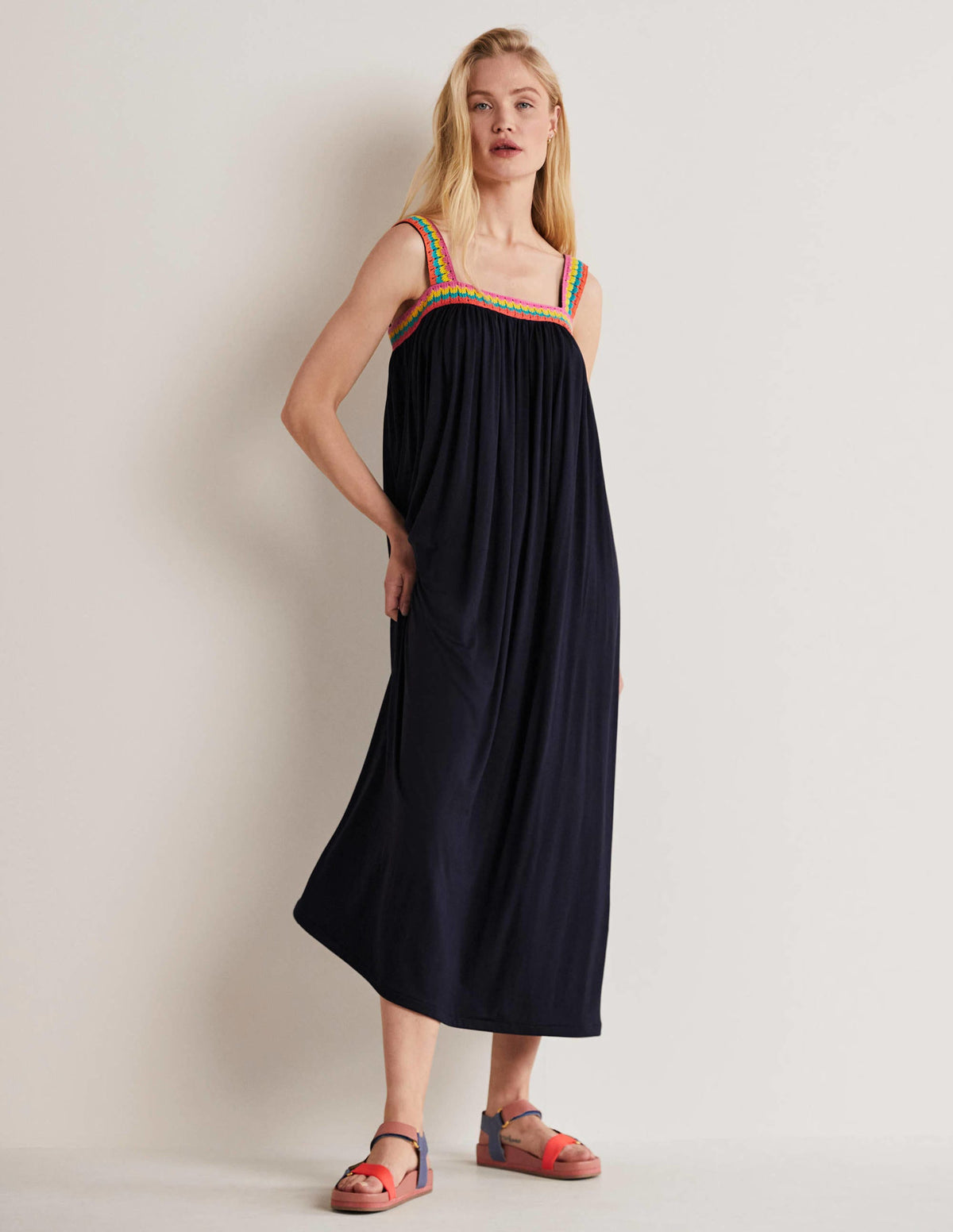Crochet Trim Jersey Maxi Dress-Navy - Image 4