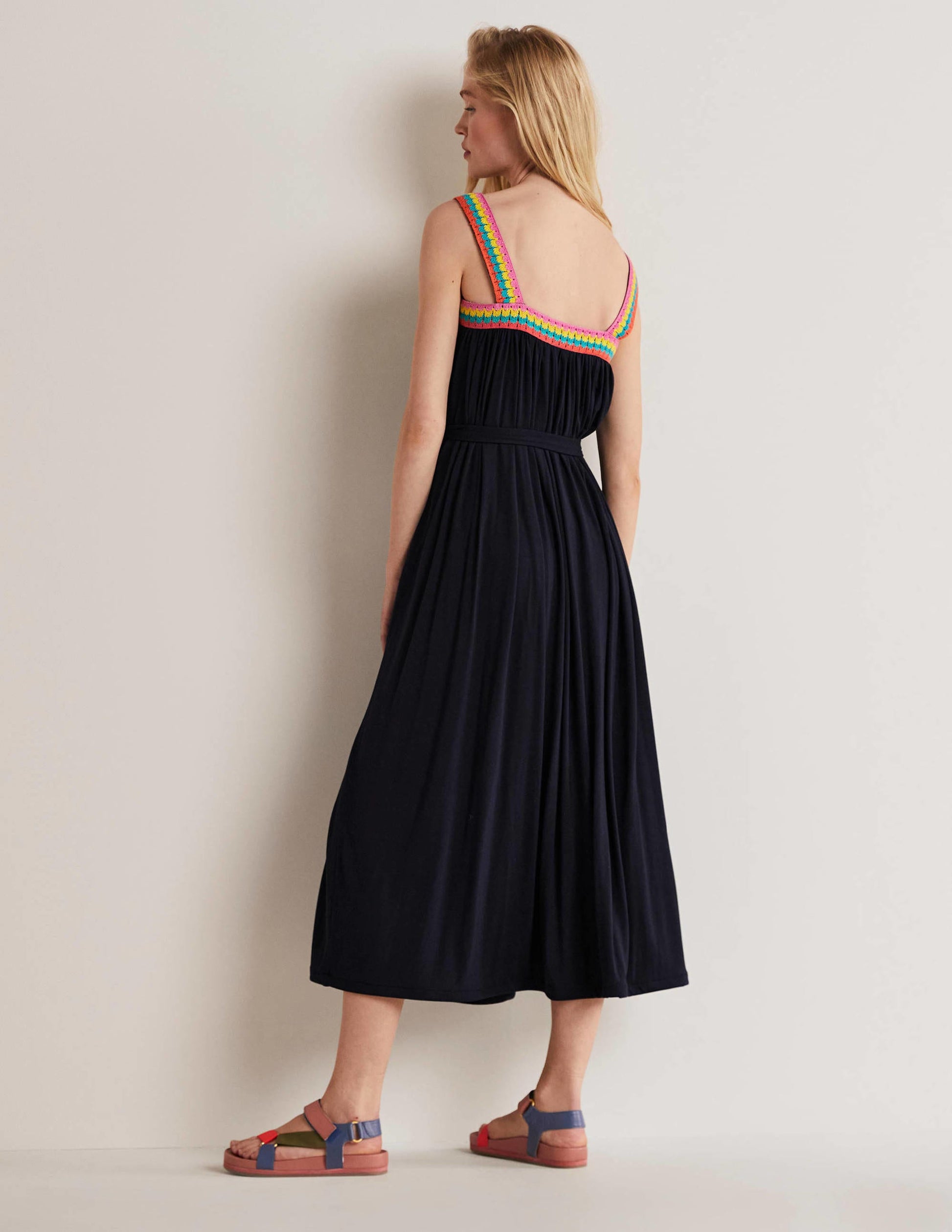 Crochet Trim Jersey Maxi Dress-Navy-5