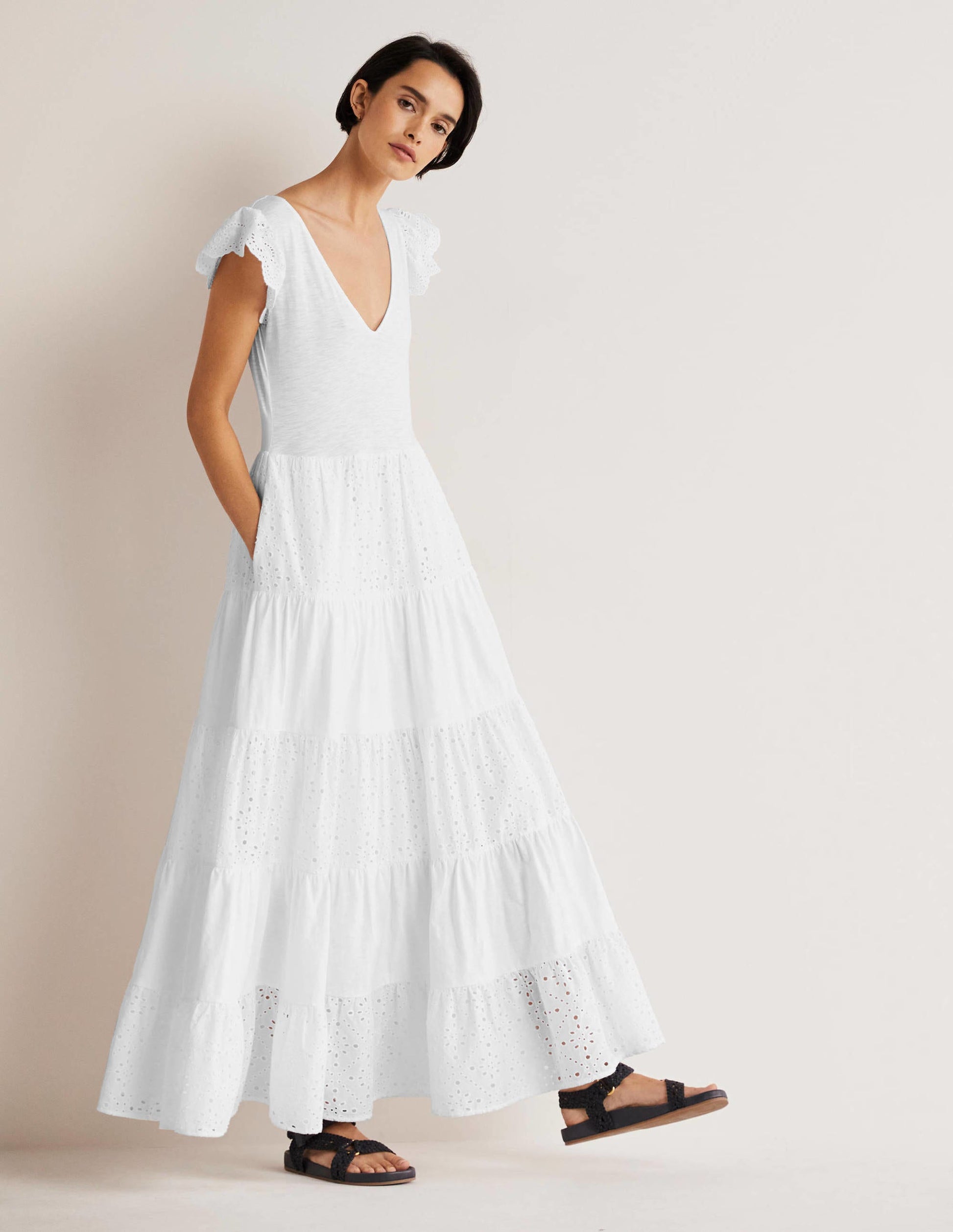 Broderie Mix Jersey Maxi Dress-White-1