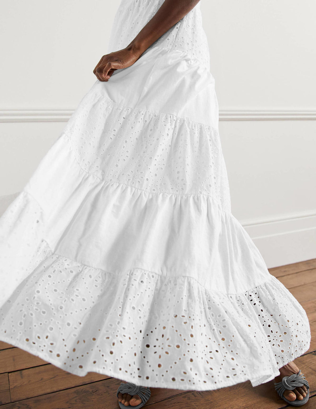 Broderie Mix Jersey Maxi Dress-White - Image 5