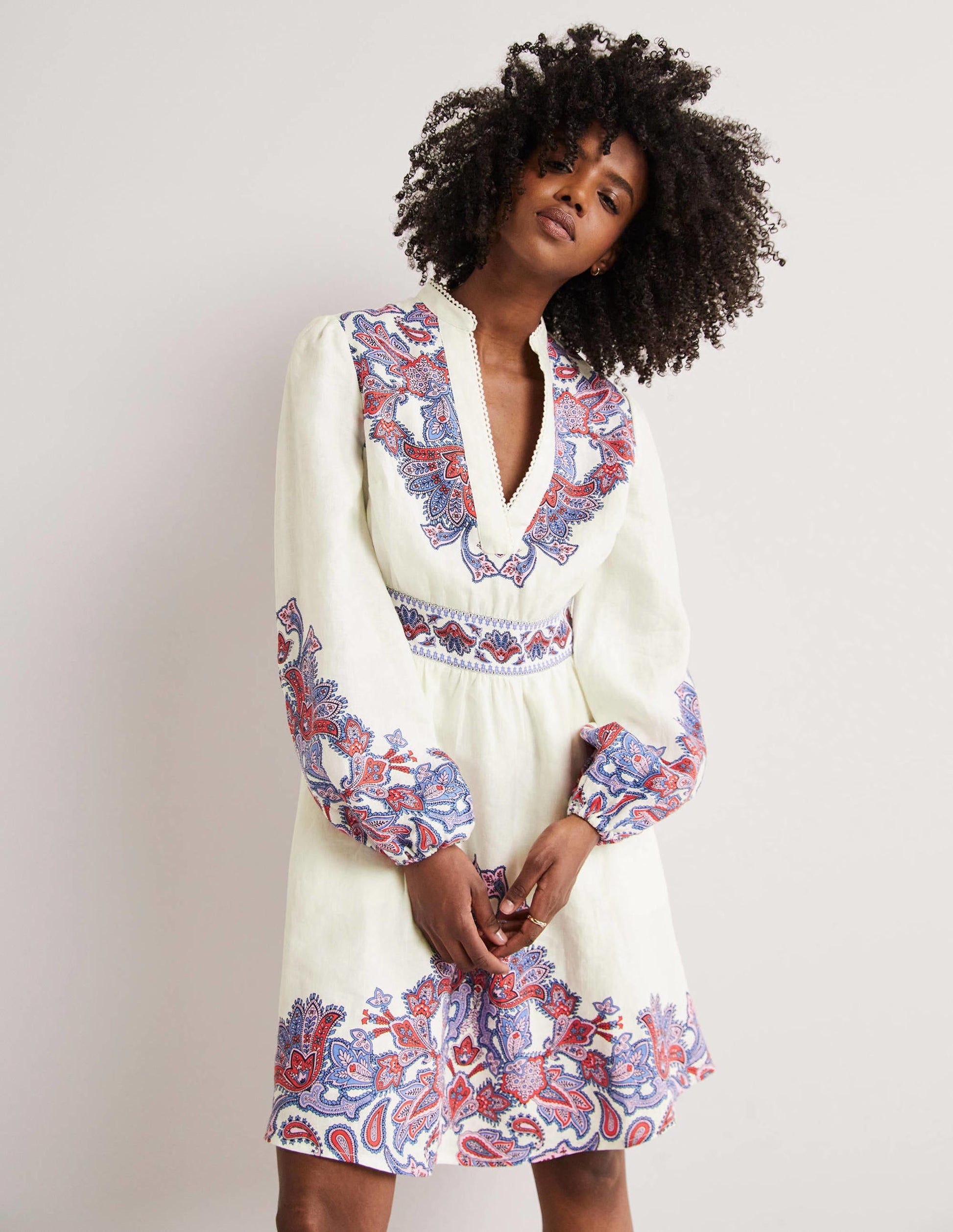 Flora Linen Mini Dress-Ivory, Paisley Bud-1