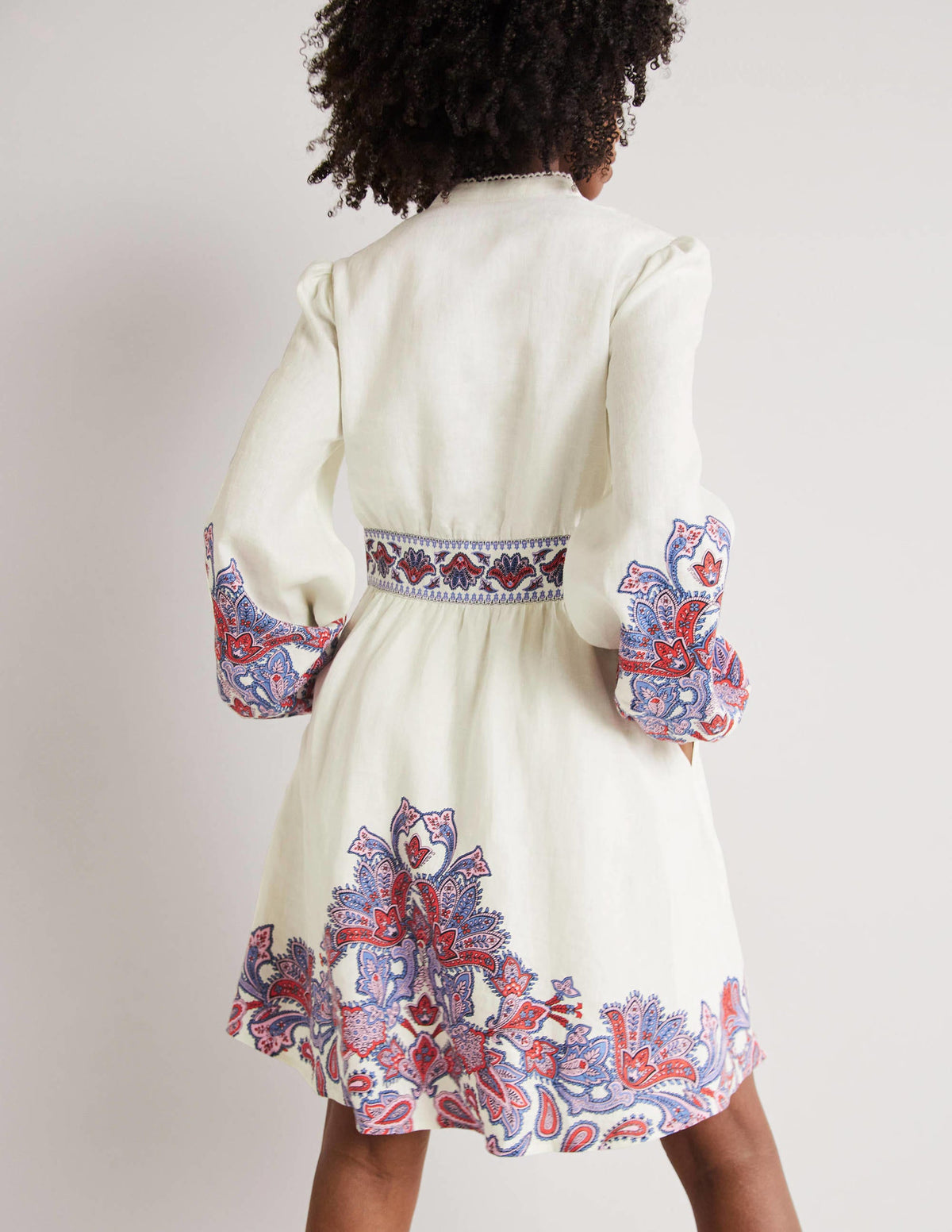 Flora Linen Mini Dress-Ivory, Paisley Bud - Image 3