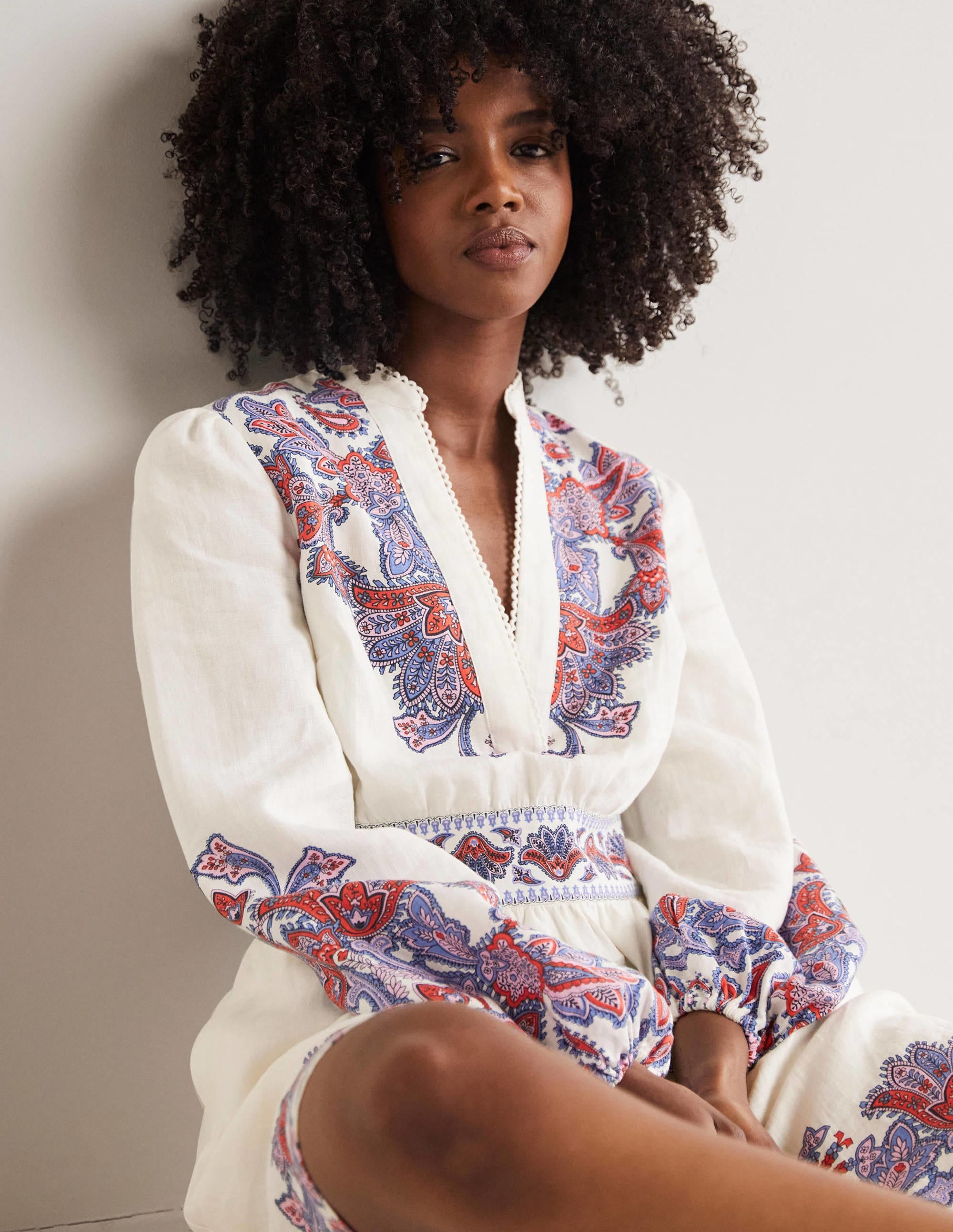 Flora Linen Mini Dress-Ivory, Paisley Bud - Image 4
