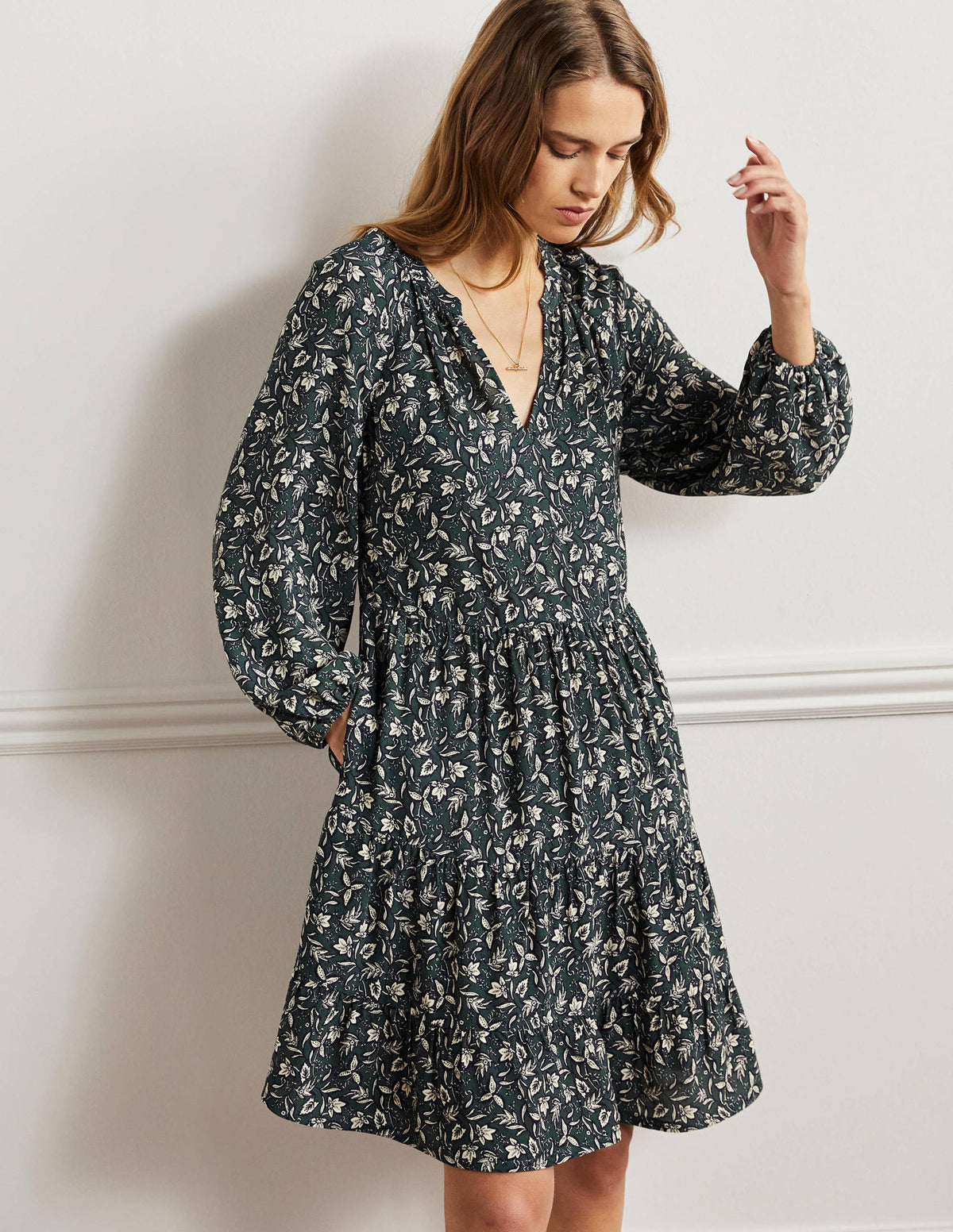 Notch Neck Tiered Dress-Trekking Green, Wild Flora-1