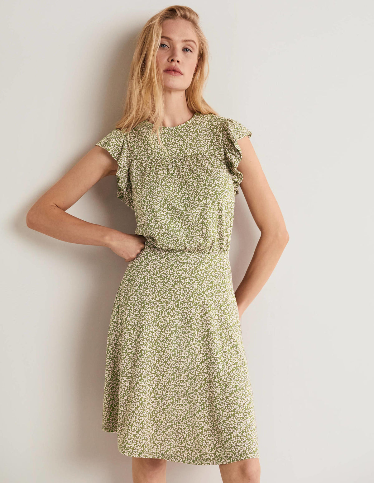 Ruffle Printed Mini Dress-Basil, Pome Leaf-1