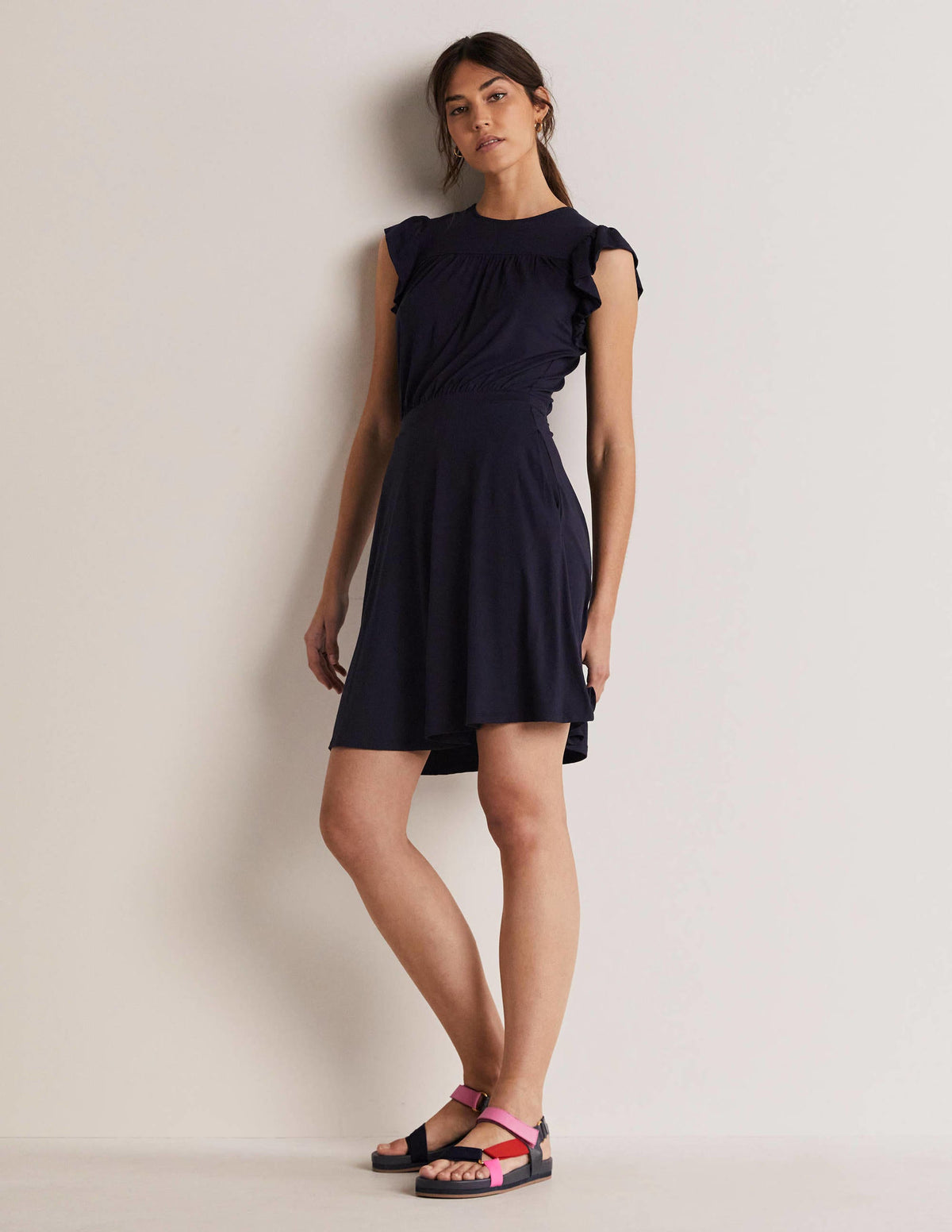 Ruffle Printed Mini Dress-Navy-5