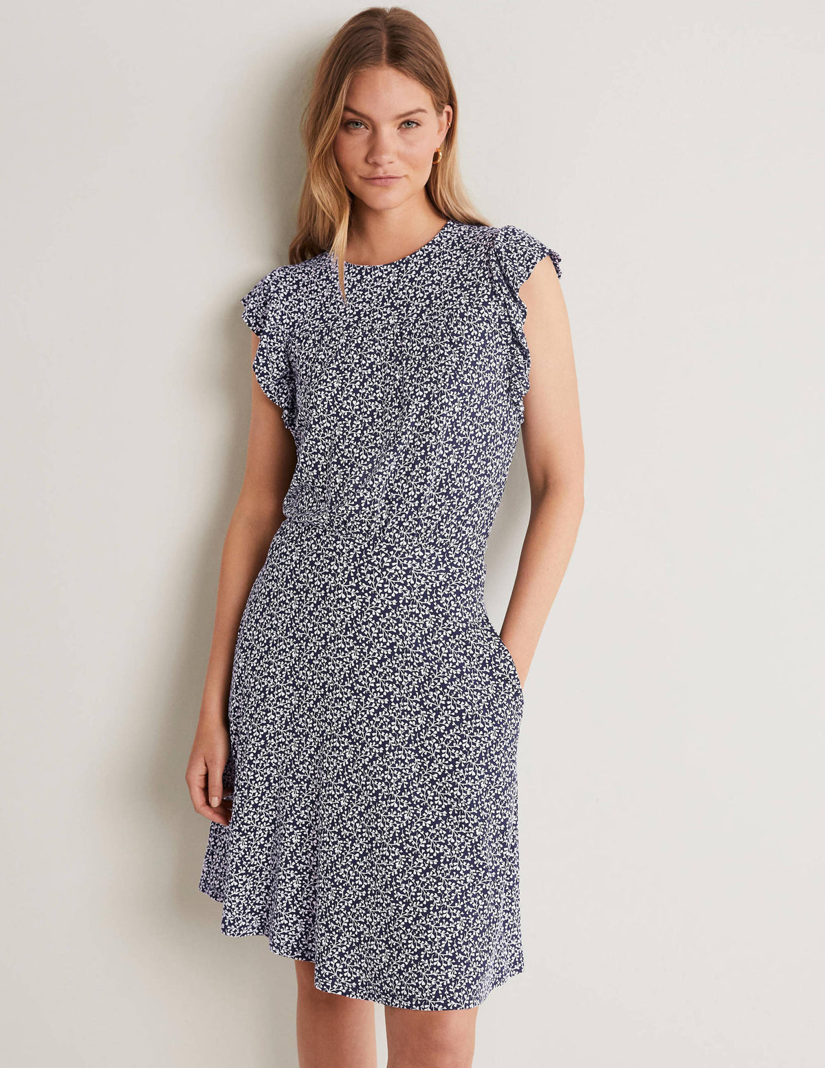 Ruffle Printed Mini Dress-Navy, Pome Leaf-1