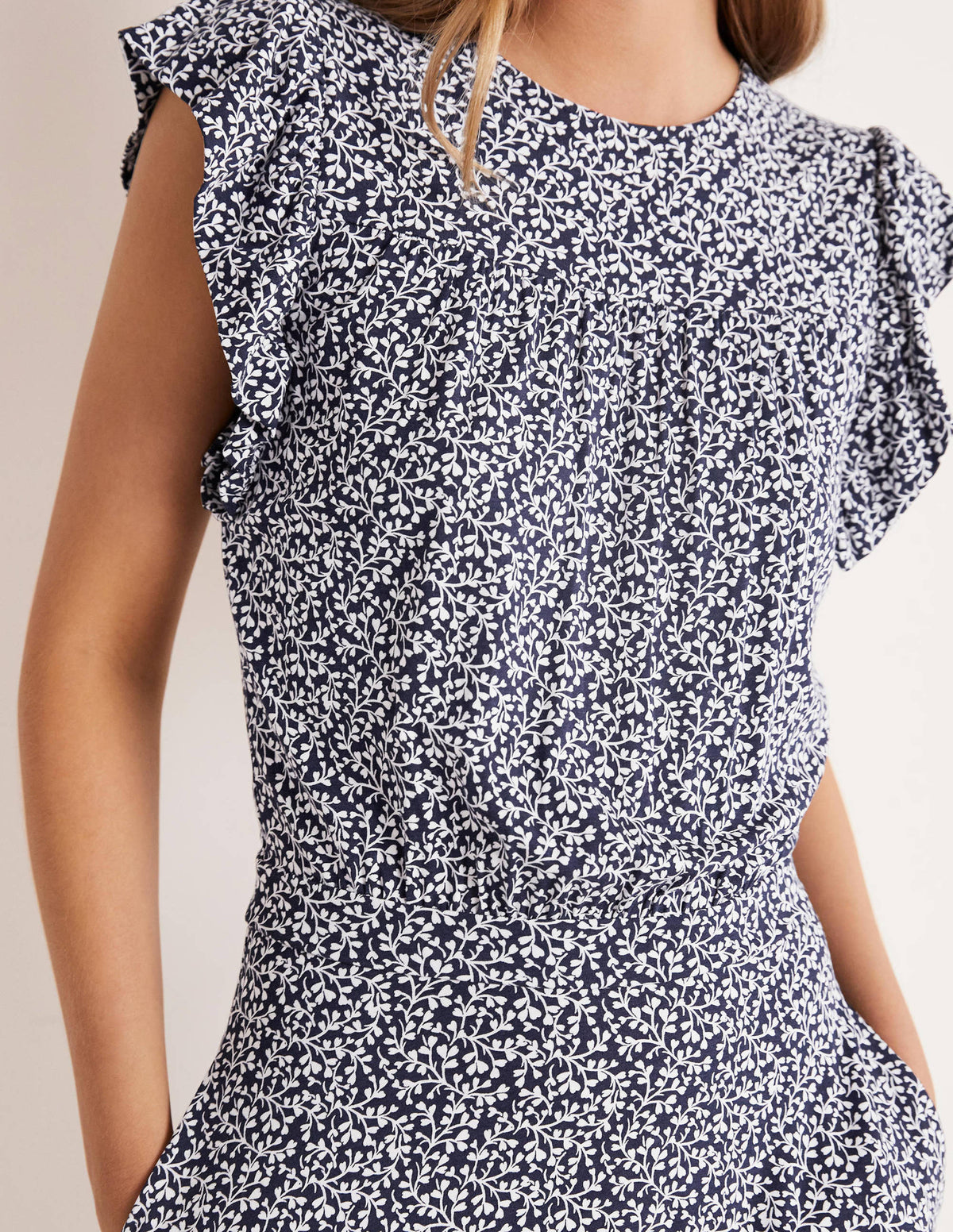 Ruffle Printed Mini Dress-Navy, Pome Leaf - Image 2