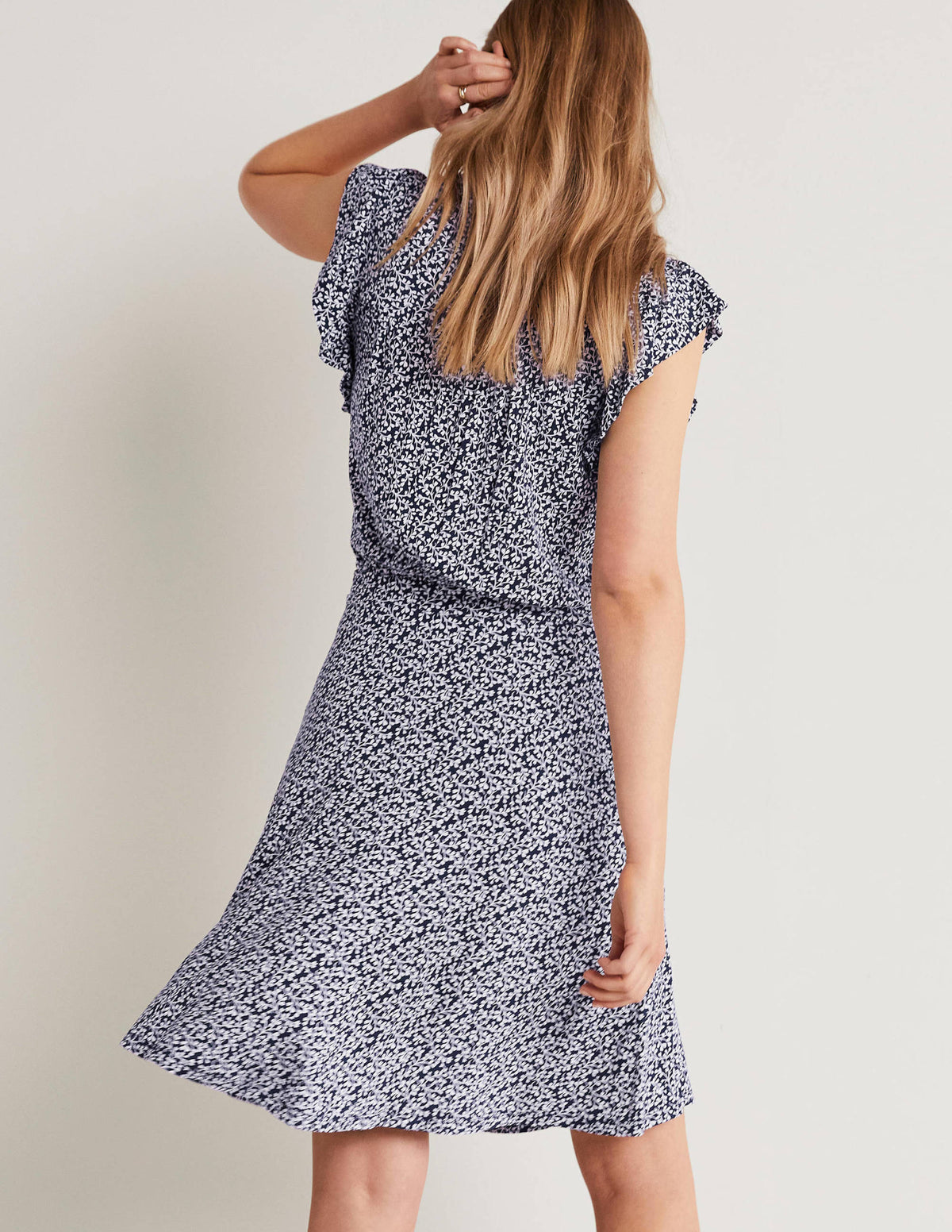 Ruffle Printed Mini Dress-Navy, Pome Leaf-3
