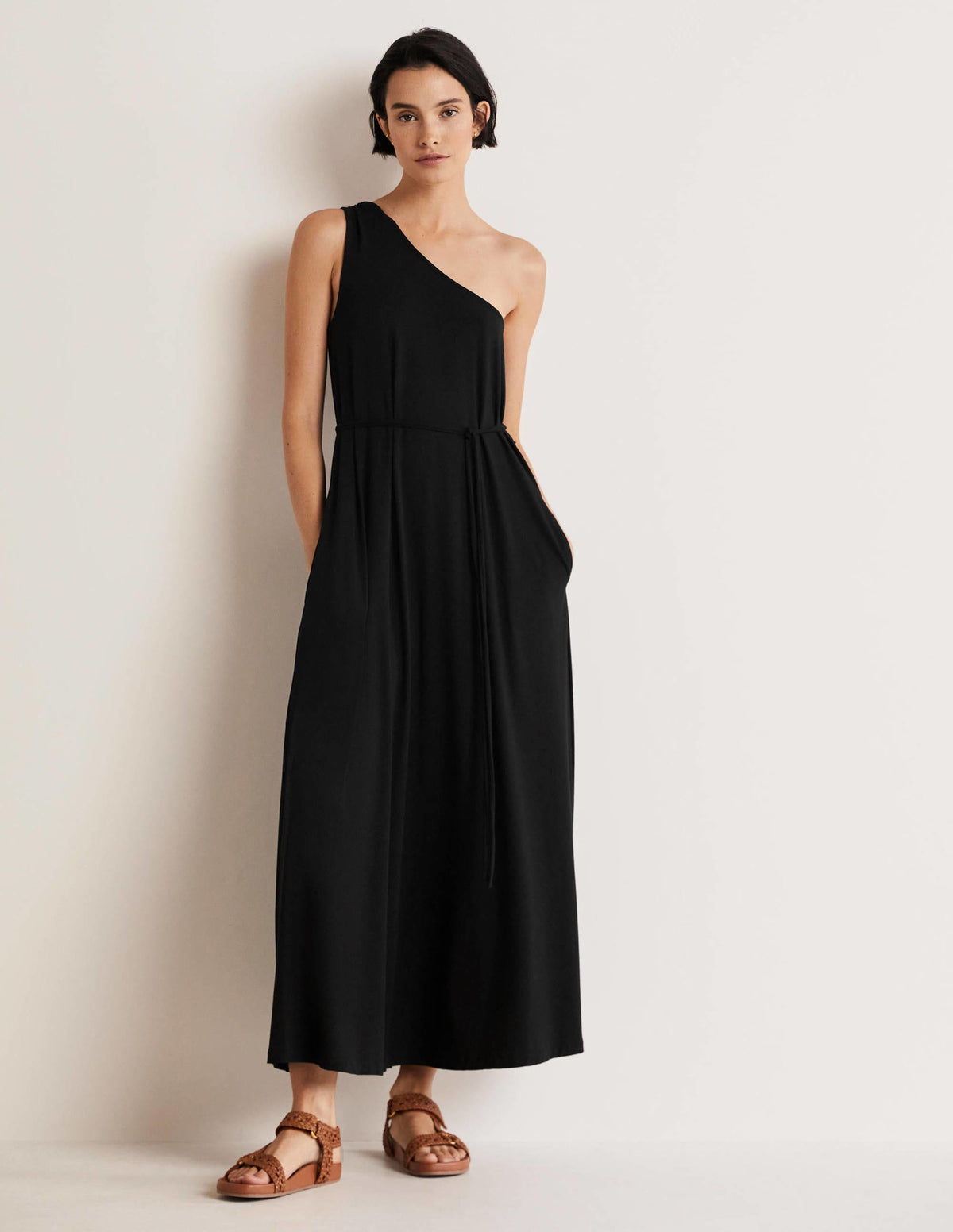 One Shoulder Jersey Midi Dress-Black-1