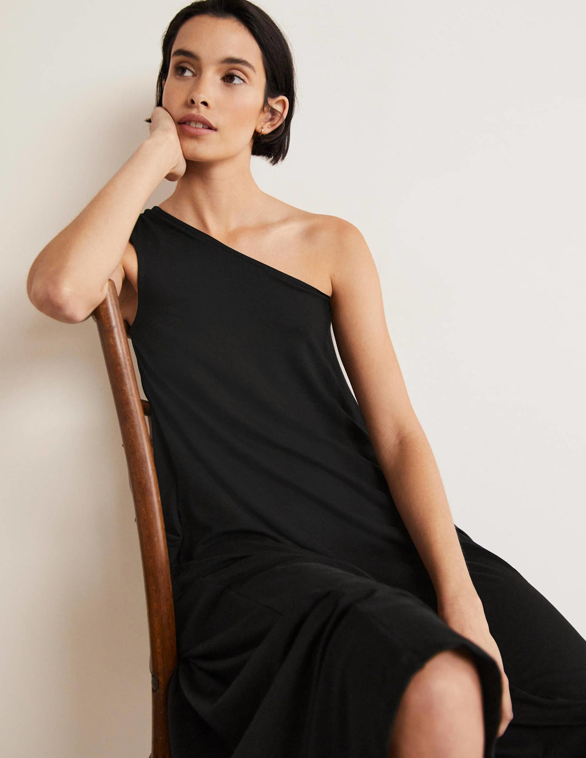 One Shoulder Jersey Midi Dress-Black - Image 2