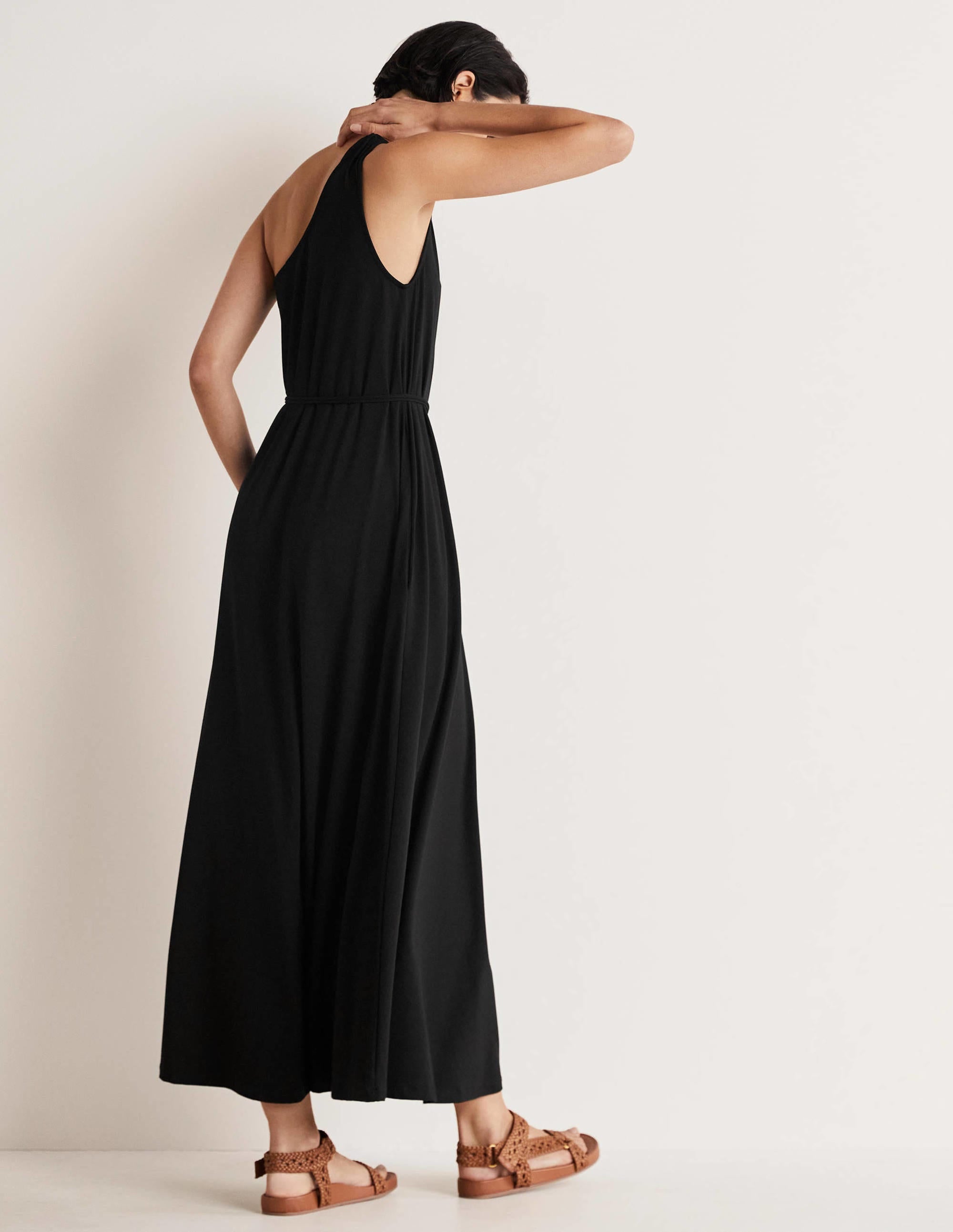 One Shoulder Jersey Midi Dress-Black - Image 3