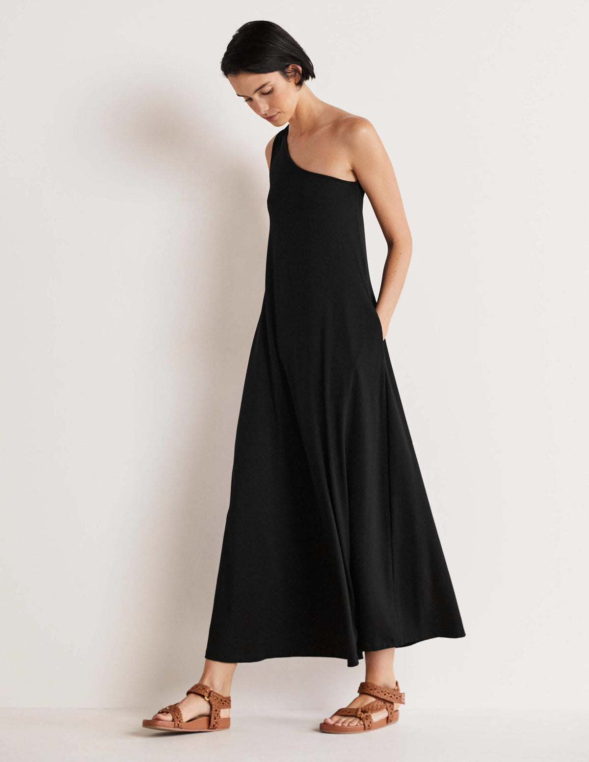 One Shoulder Jersey Midi Dress-Black-4